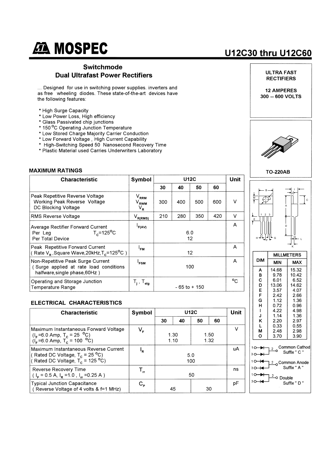 MOSPEC U12C60, U12C40, U12C50, U12C30 Datasheet