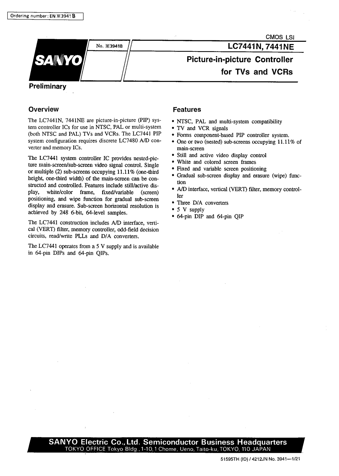 SANYO LC7441NE, LC7441N Datasheet