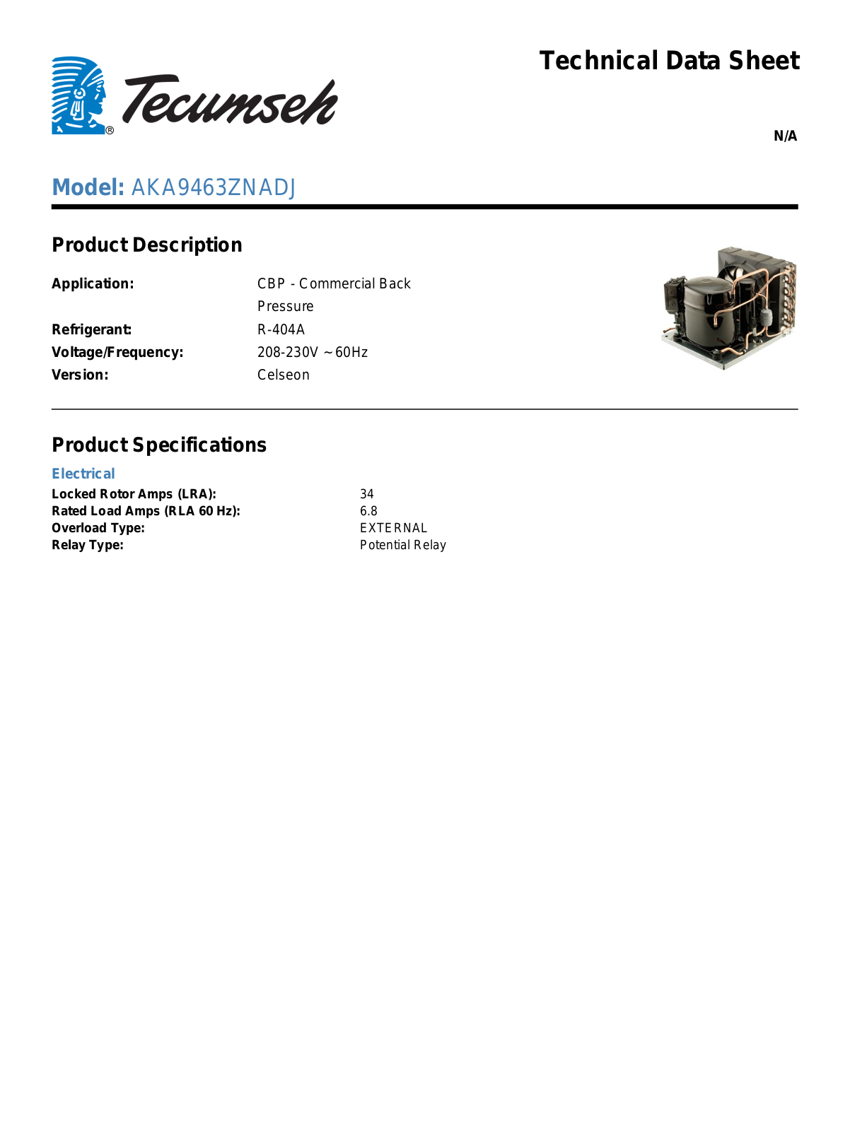 Tecumseh AKA9463ZNADJ Technical Data Sheet