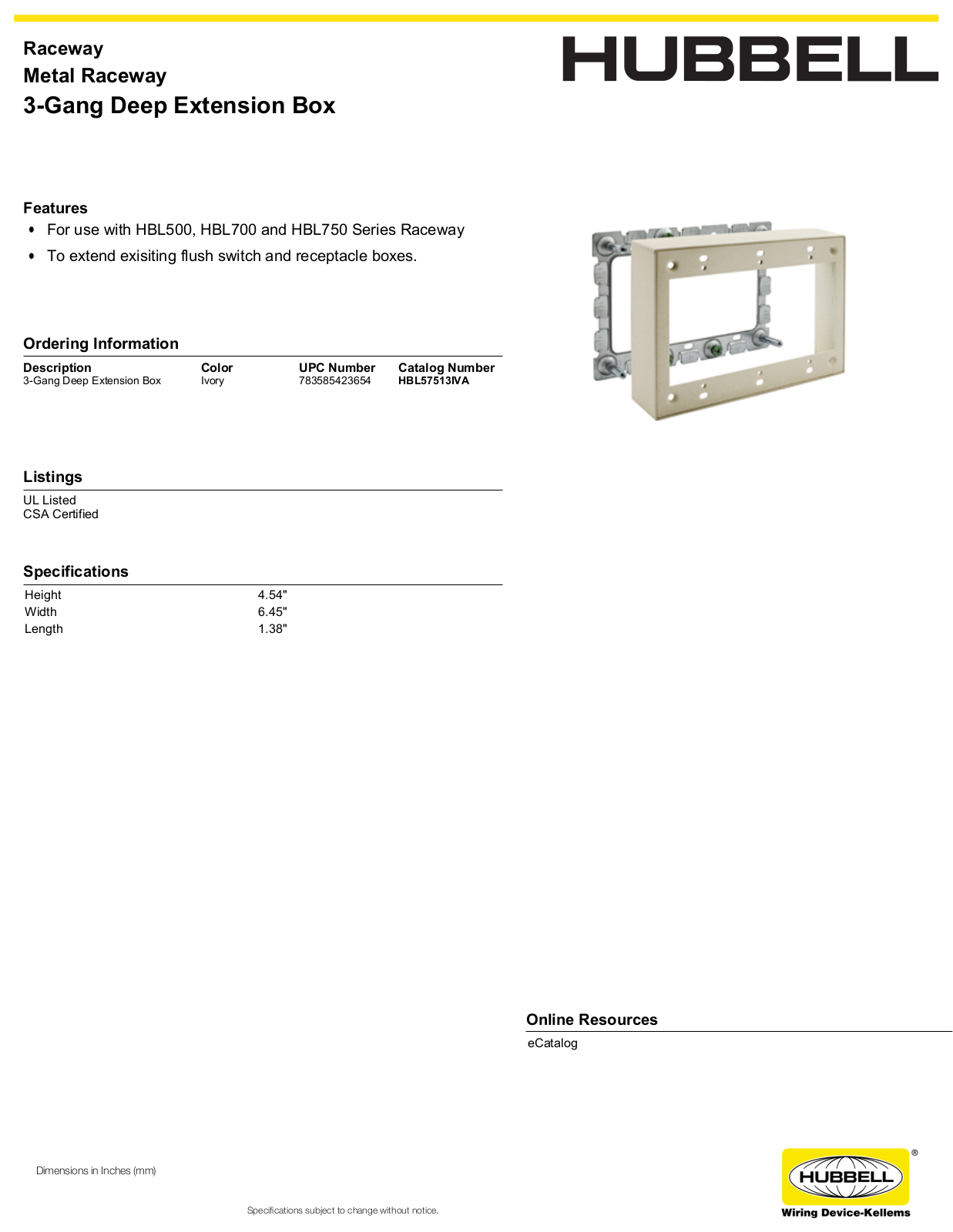 Hubbell HBL57513IVA Specifications