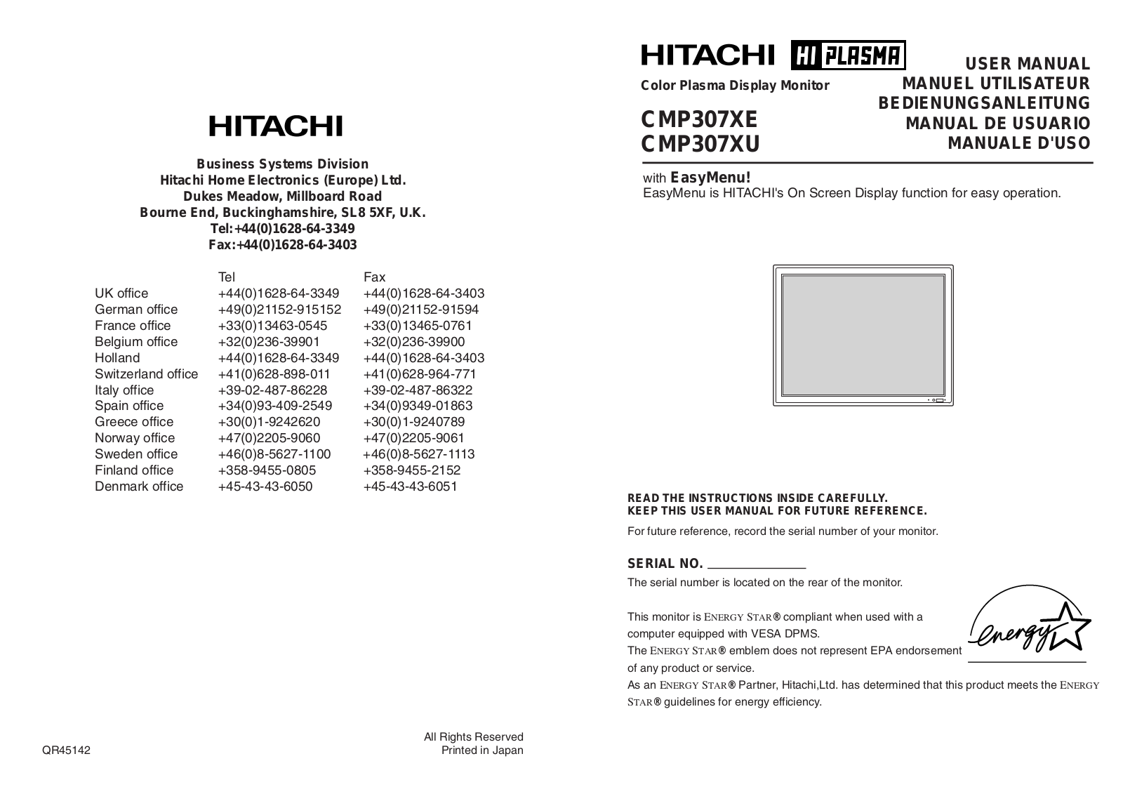 Hitachi CMP307XE, CMP307XU User Manual