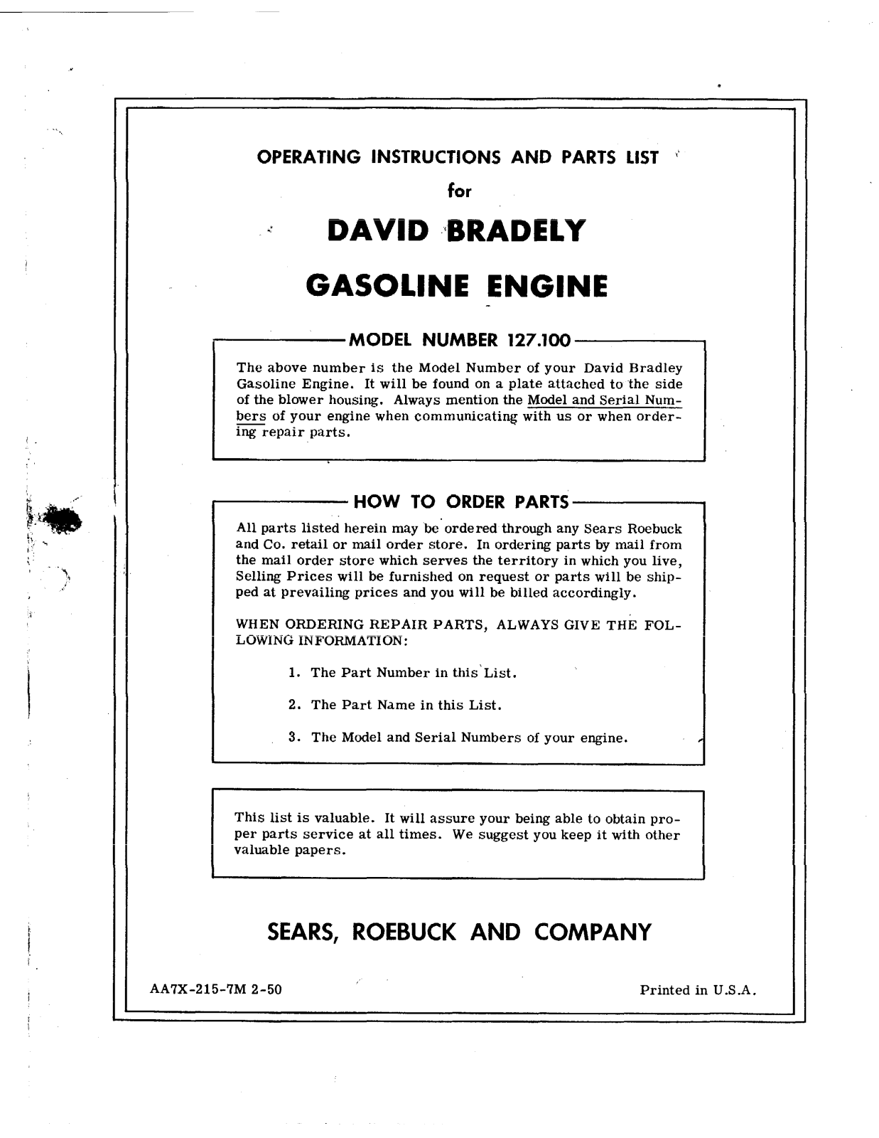 David Bradley 127.100 Operating Instruction