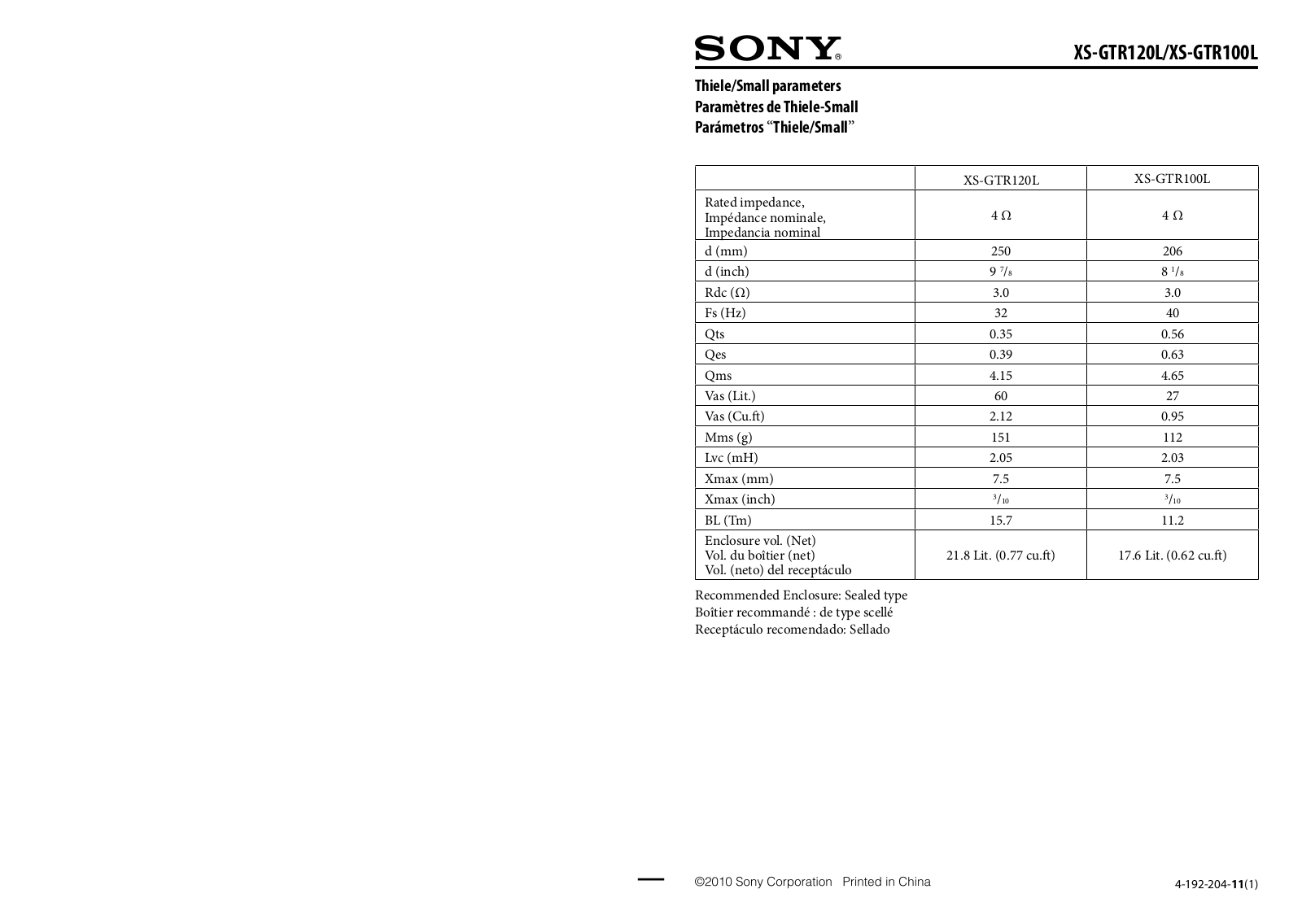 Sony XS-GTR100L, XS-GTR120L DATASHEET