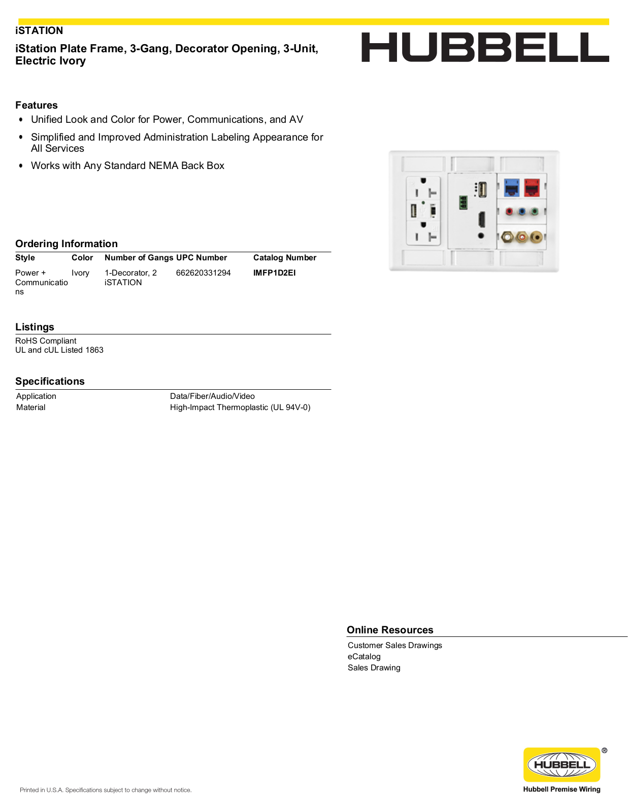 Hubbell IMFP1D2EI Specifications