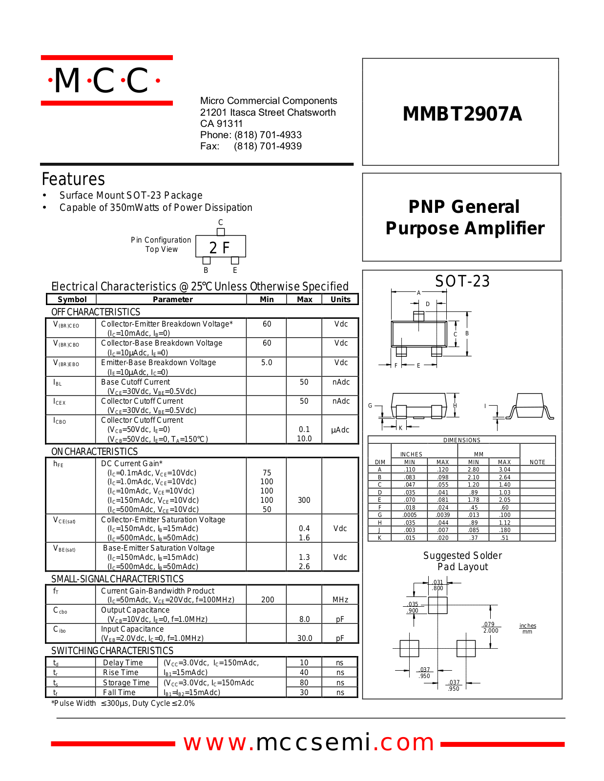 MCC MMBT2907A Datasheet