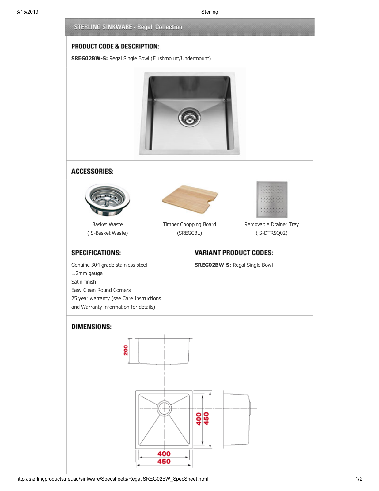 Sterling SREG02UBW-S Datasheet - ManualMachine.com