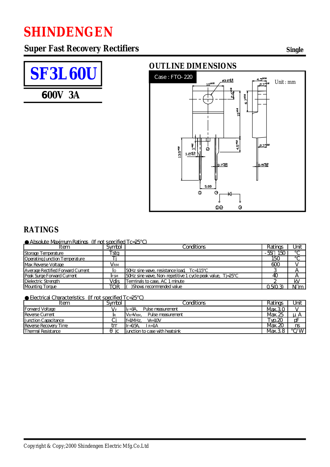 Shindengen Electric Manufacturing Company Ltd SF3L60U Datasheet