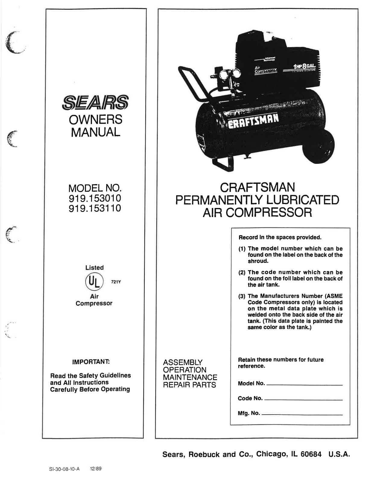 Sears 919.153010, 919.153110 User Manual