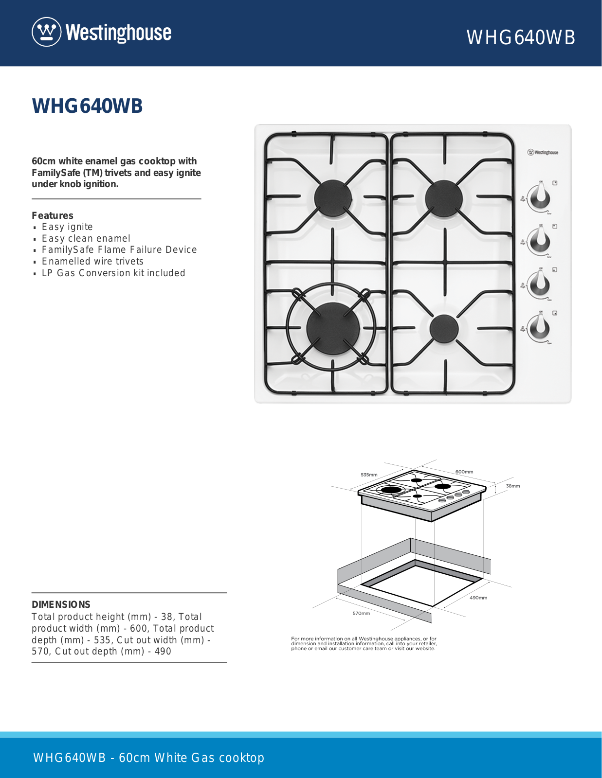 Westinghouse WHG640WB, WVE665WWHG640WB Specifications Sheet