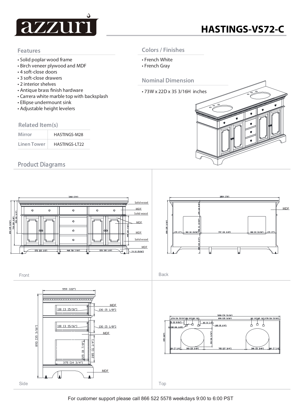 Azzuri HASTINGSVS72FWC Specifications