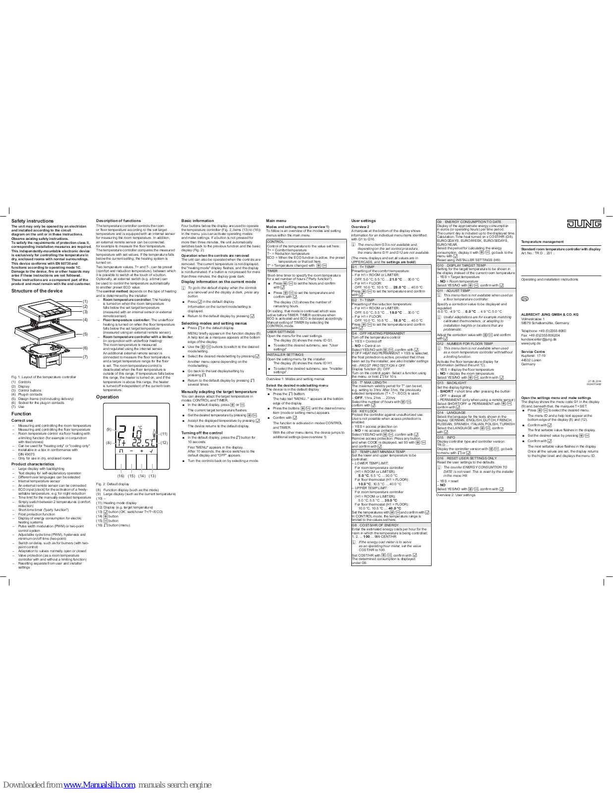 Jung TR D**231 Series Operating And Installation Instructions