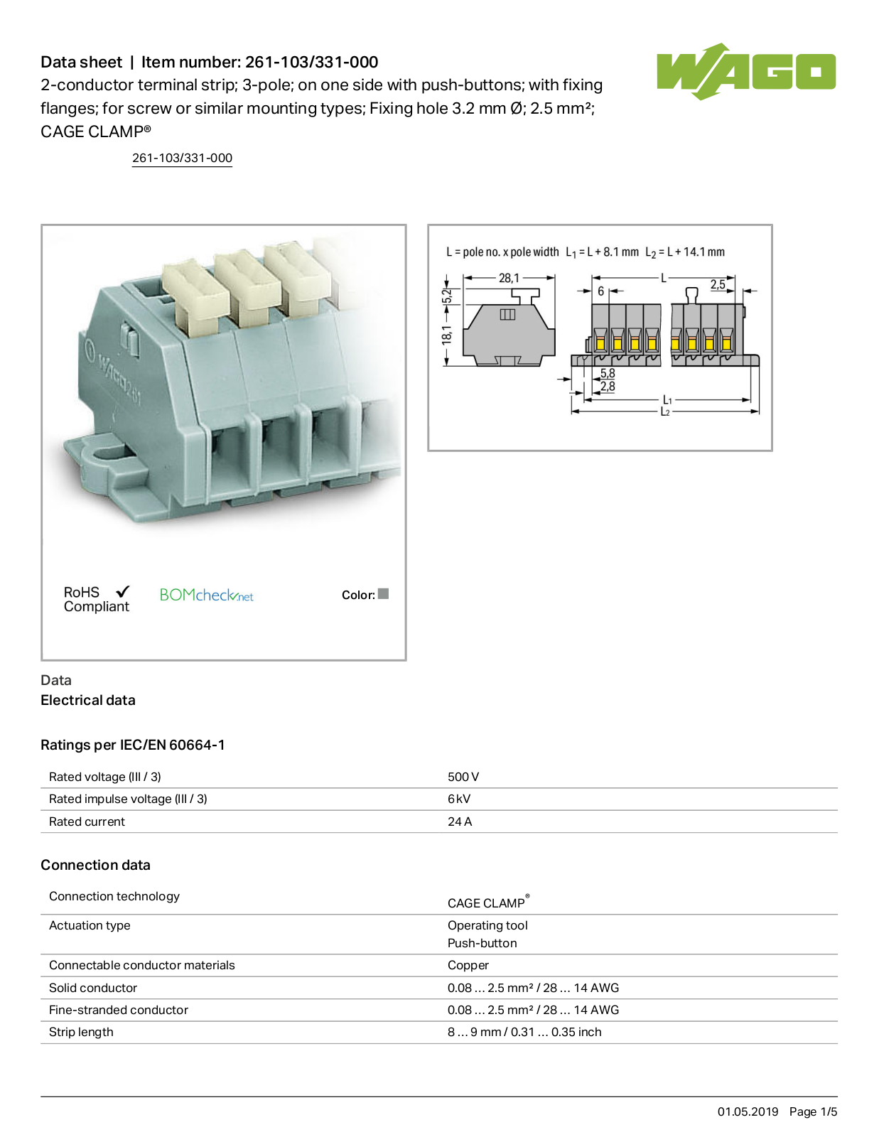 Wago 261-103/331-000 Data Sheet