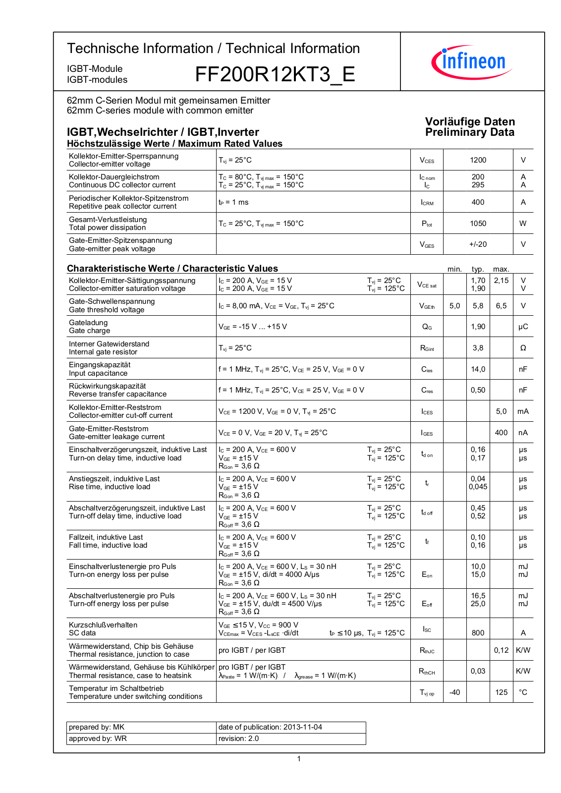 Infineon FF200R12KT3-E Data Sheet