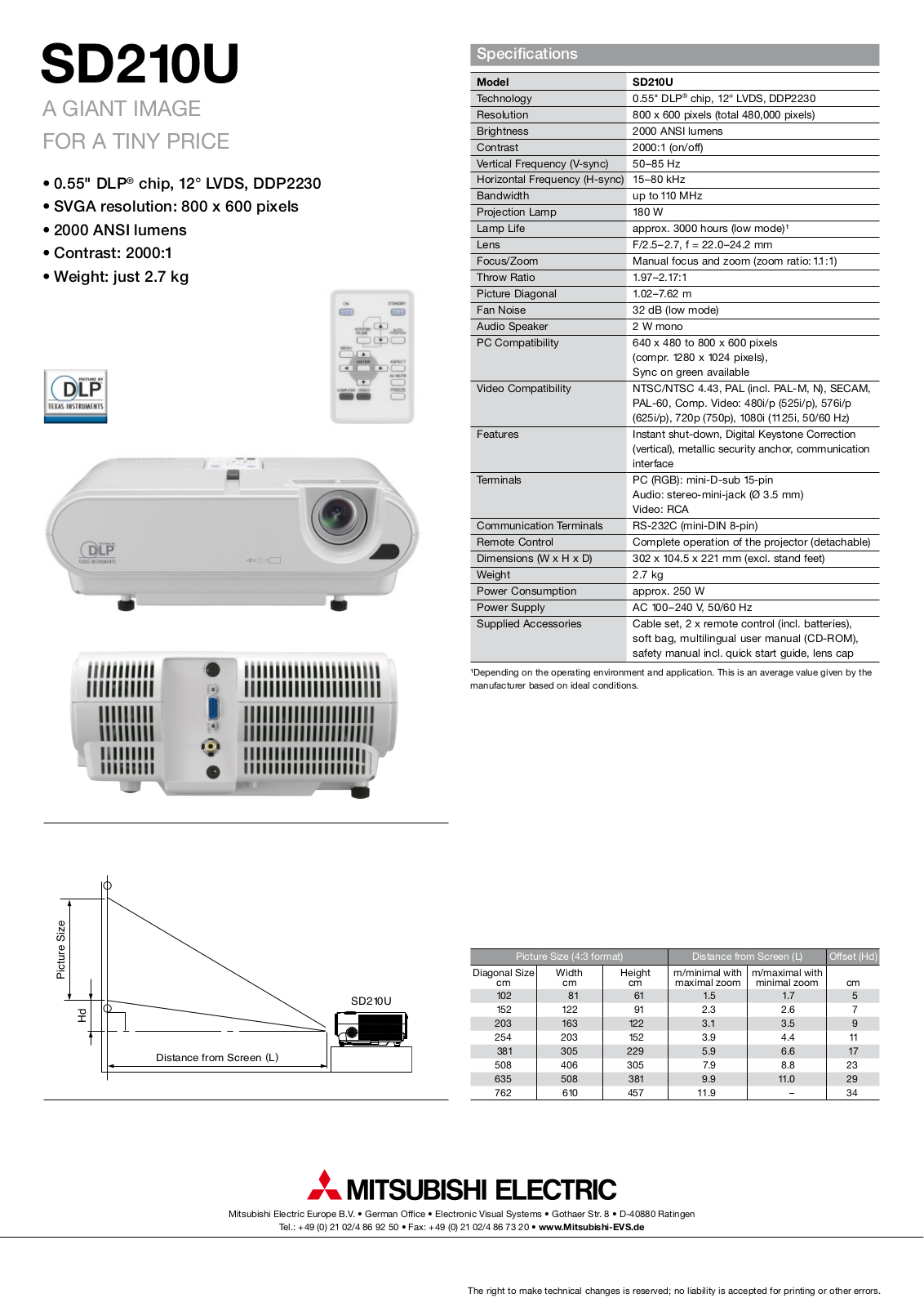 Mitsubishi SD210U specifications