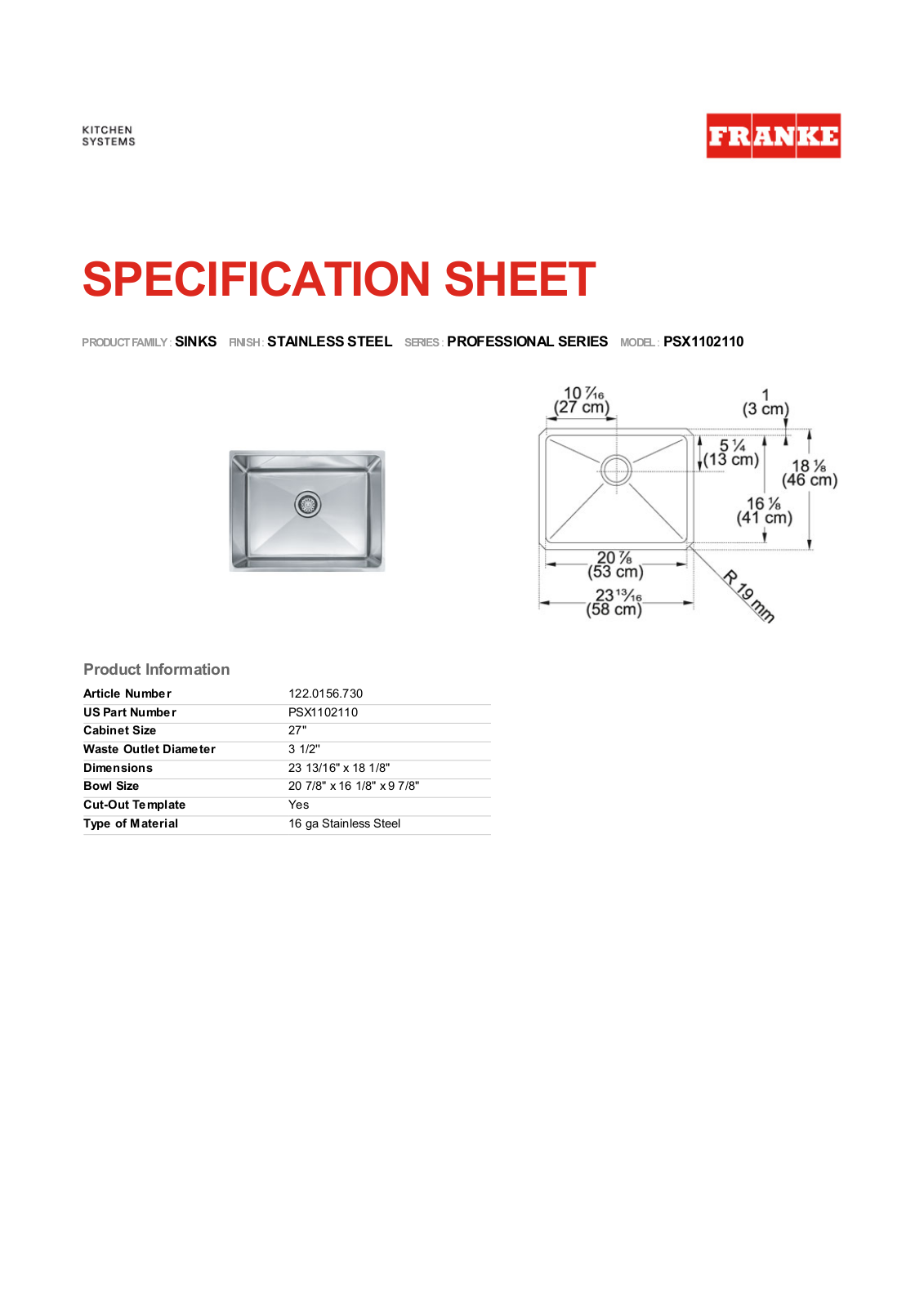 Franke Foodservice PSX1102110 User Manual