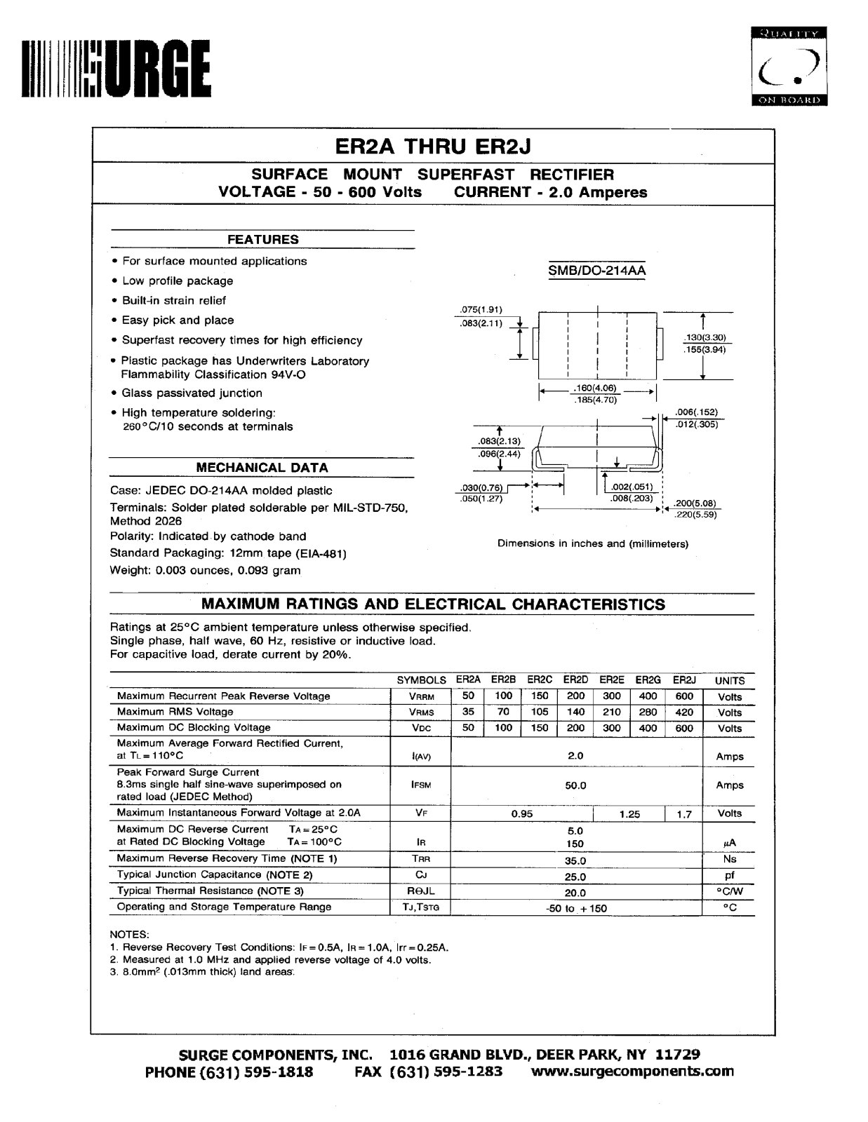 SURGE ER2C, ER2G, ER2J, ER2E, ER2D Datasheet