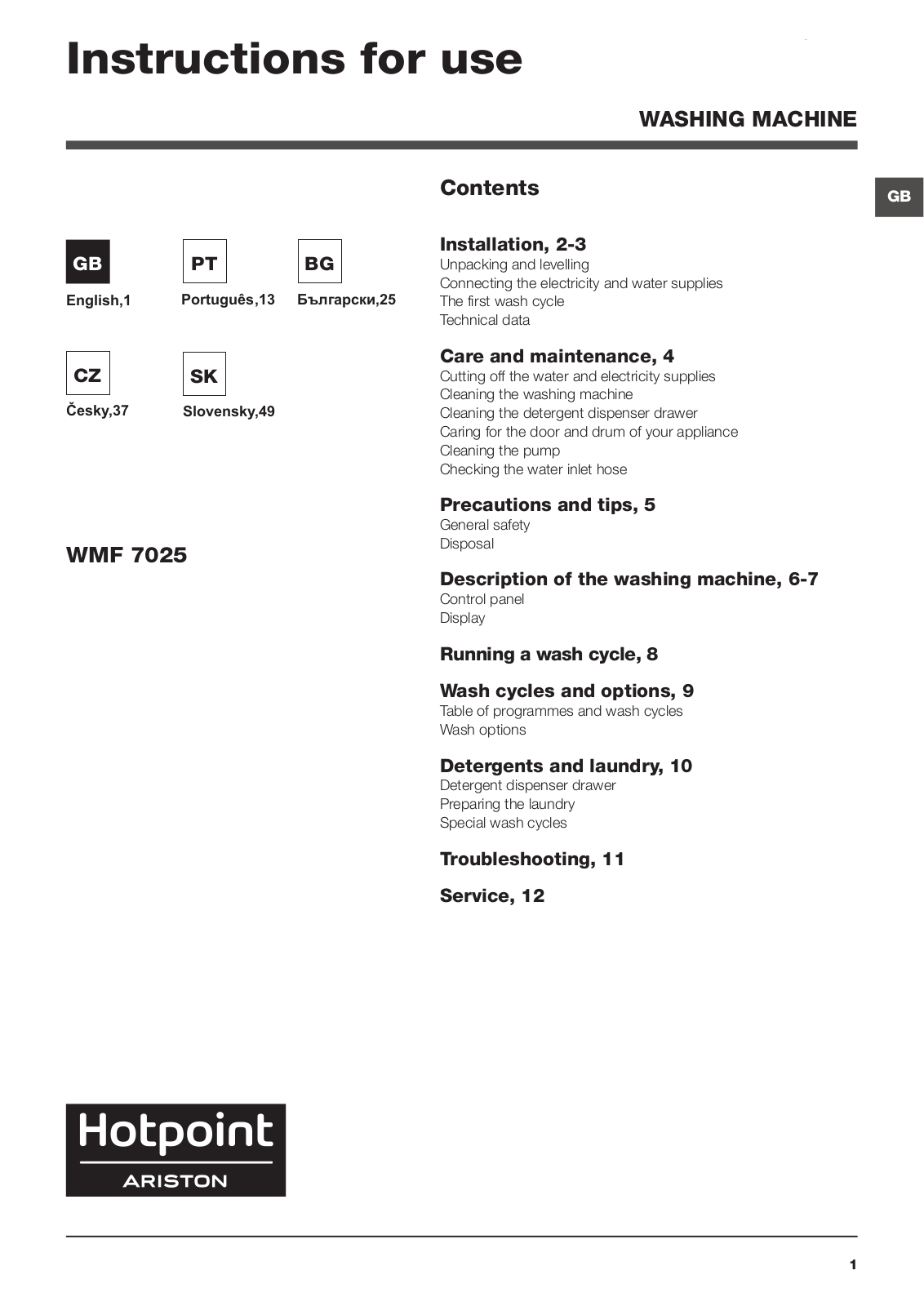 HOTPOINT/ARISTON WMF 7025 EU.M User Manual