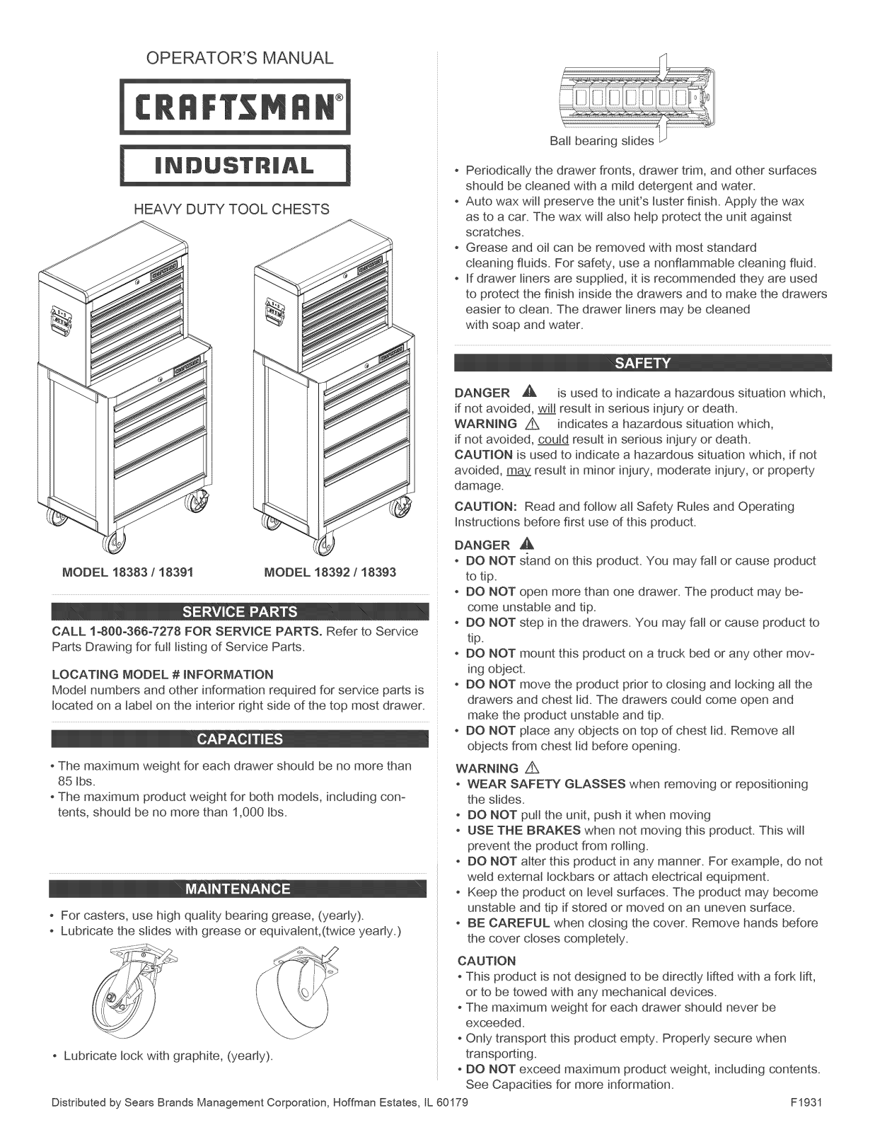 Craftsman 706183922, 706183930, 706183832, 706183920, 706183911 Owner’s Manual