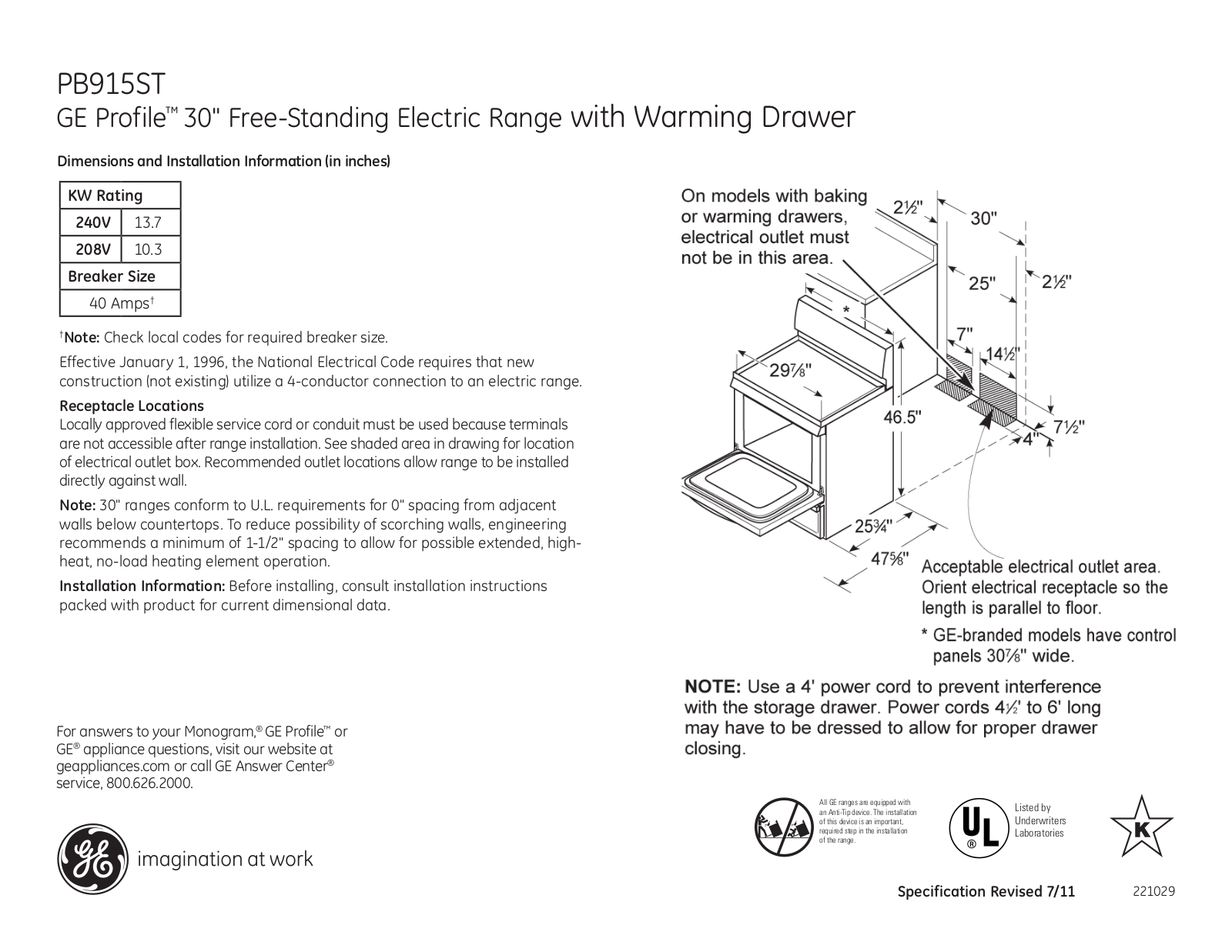 GE PB915ST Specification