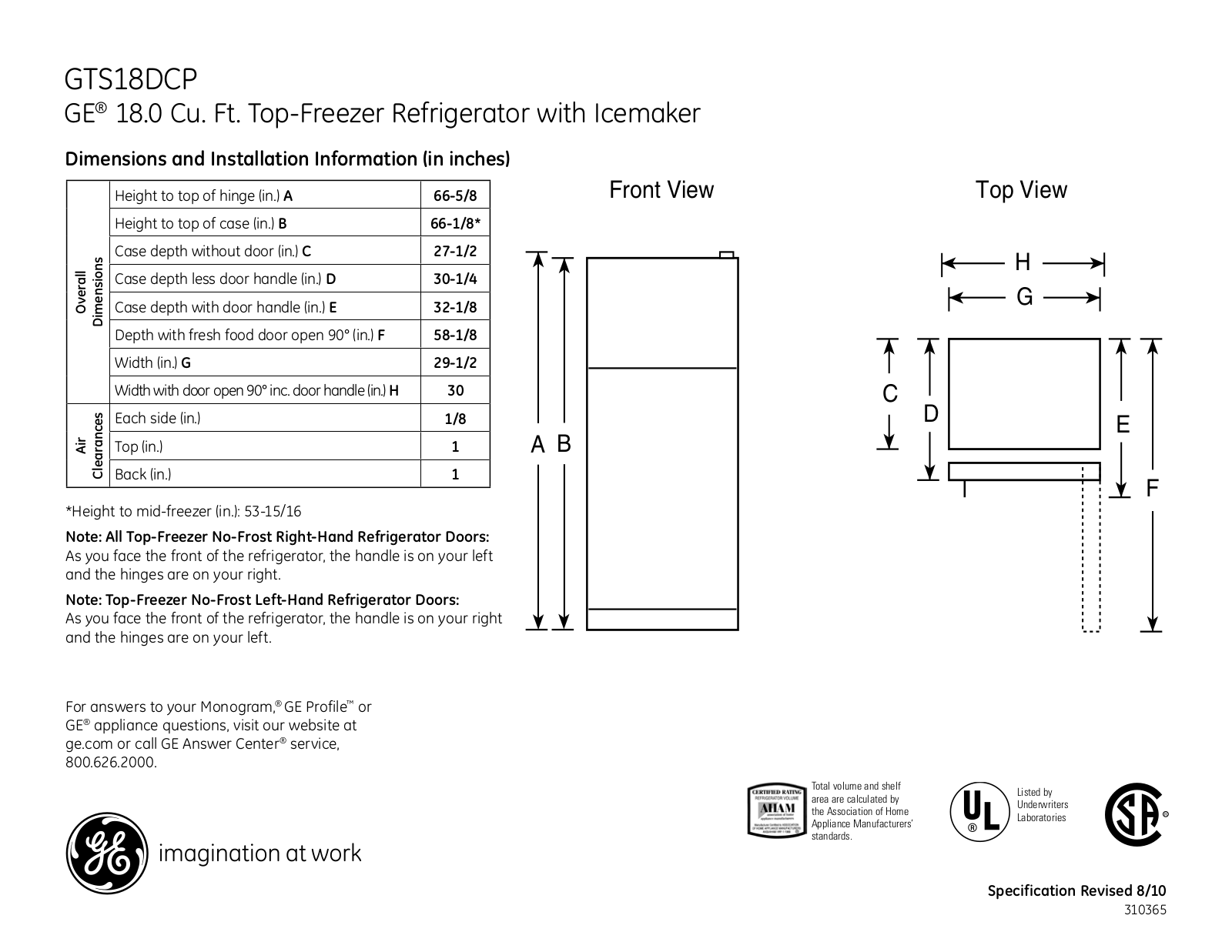 GE GTS18DCP Specification