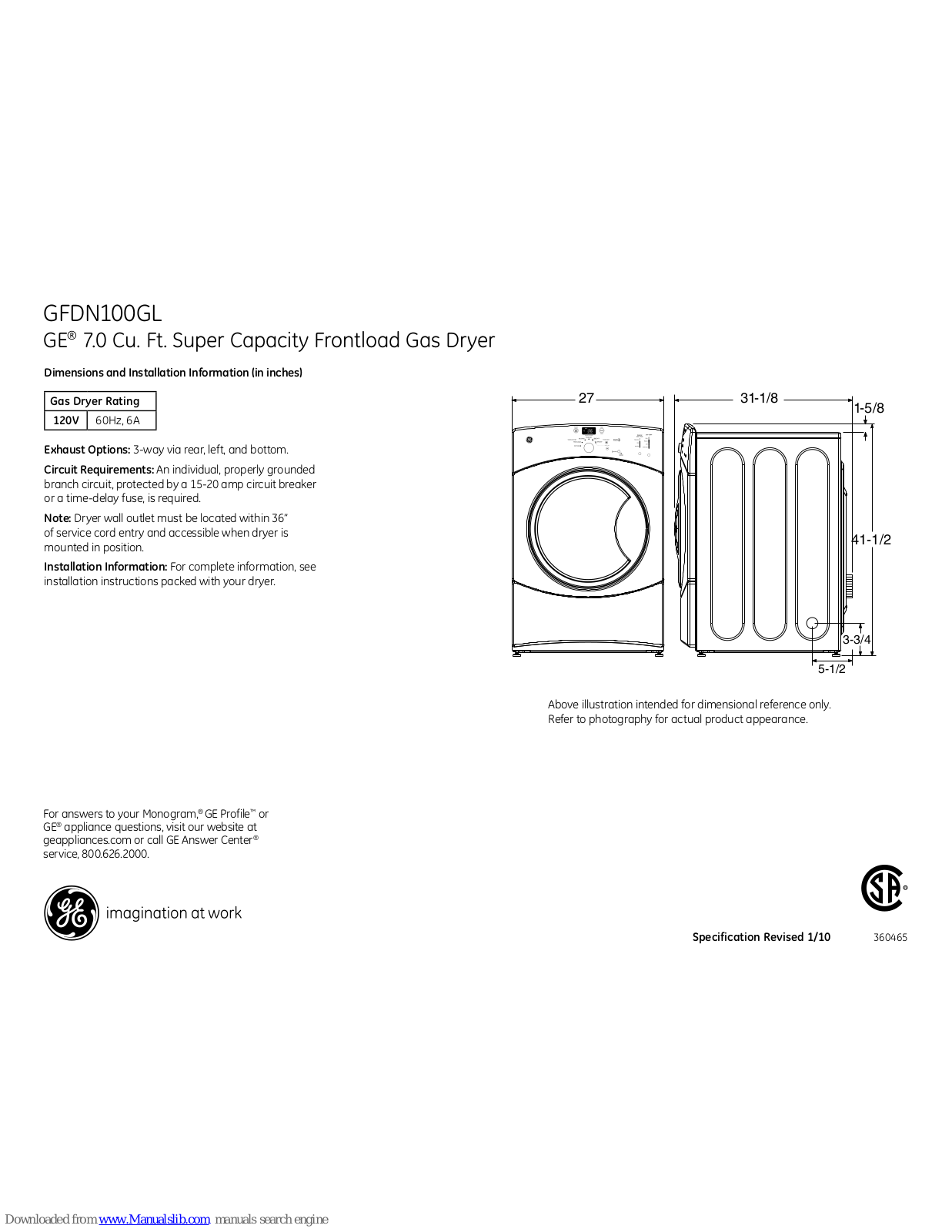 GE GFDN100GLWW Dimensions And Installation Information