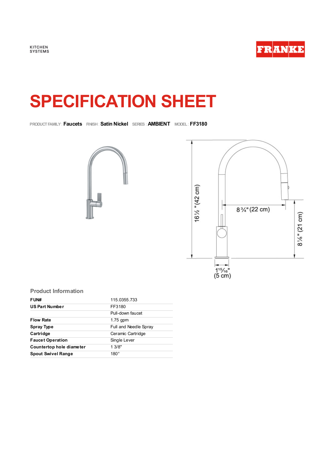 Franke FF3180 Specification Sheet