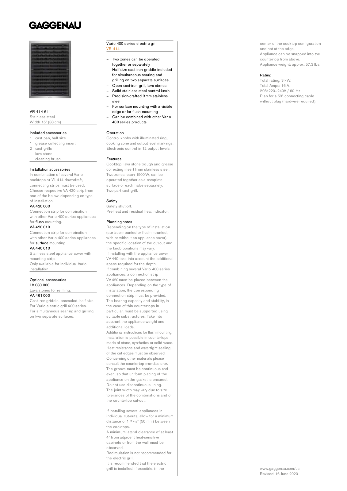 Gaggenau VR414611 Specs