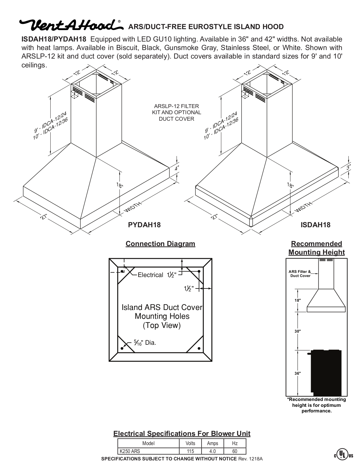 Vent-A-Hood ISDAH18, PYDAH18 SPECIFICATIONS