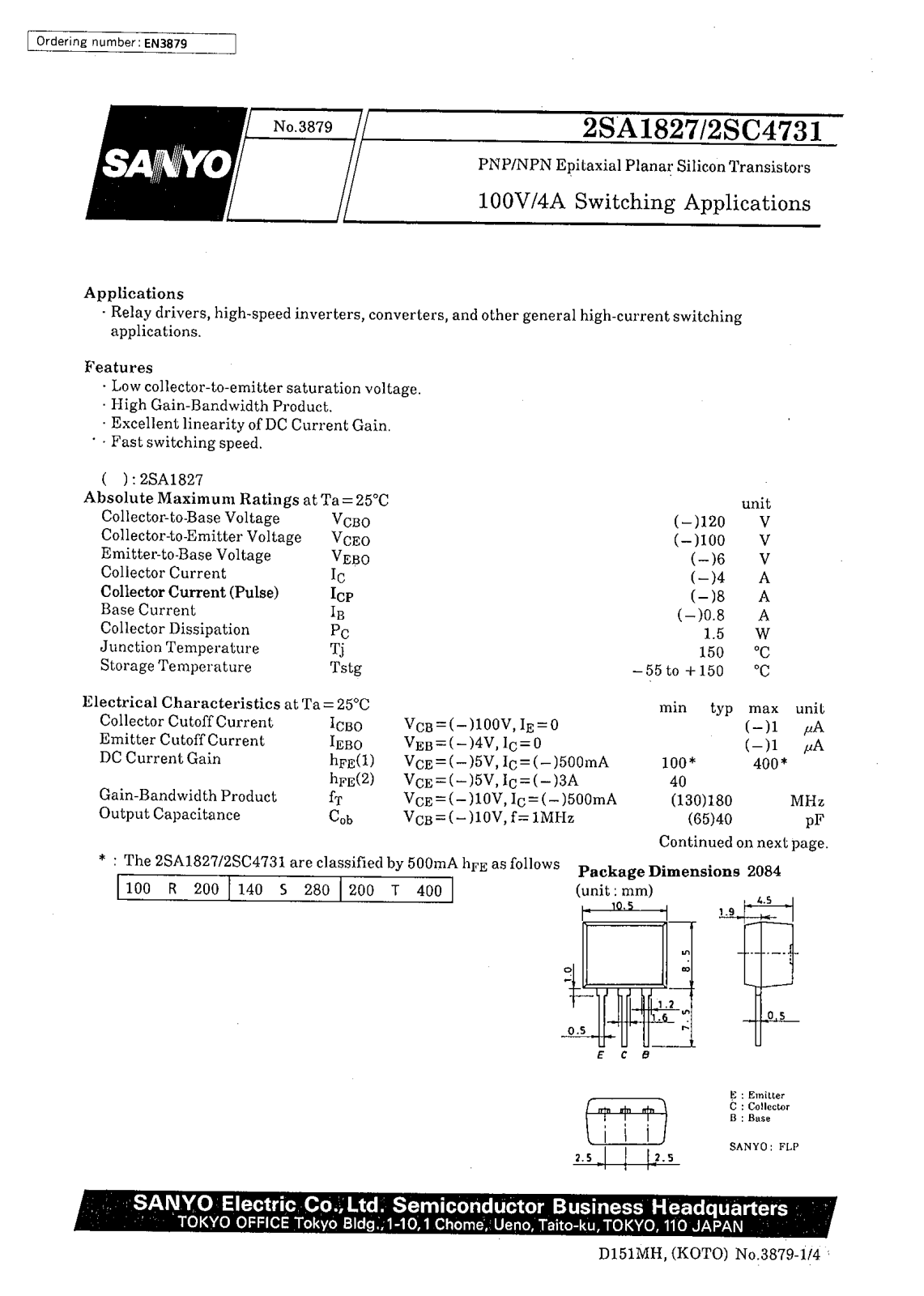 SANYO 2SC4731, 2SA1827 Datasheet