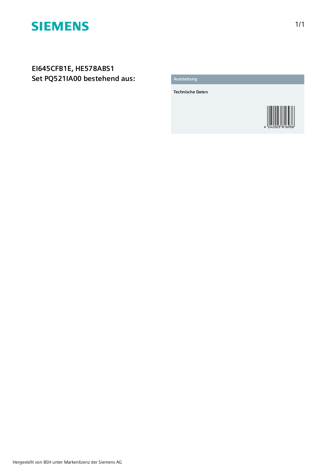 Siemens PQ521IA00 User Manual