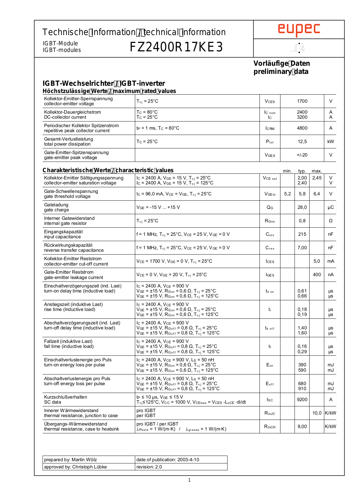 Infineon FZ2400R17KE3 Data Sheet