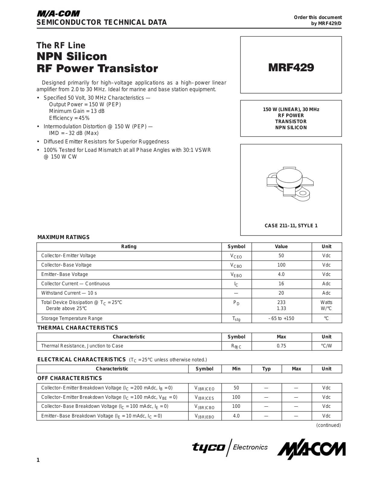 M A COM MRF429 Datasheet