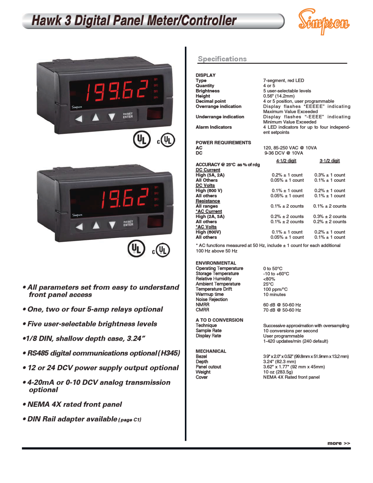 Simpson Electric Hawk 3 Digital Panel Meter / Controller Data Sheet