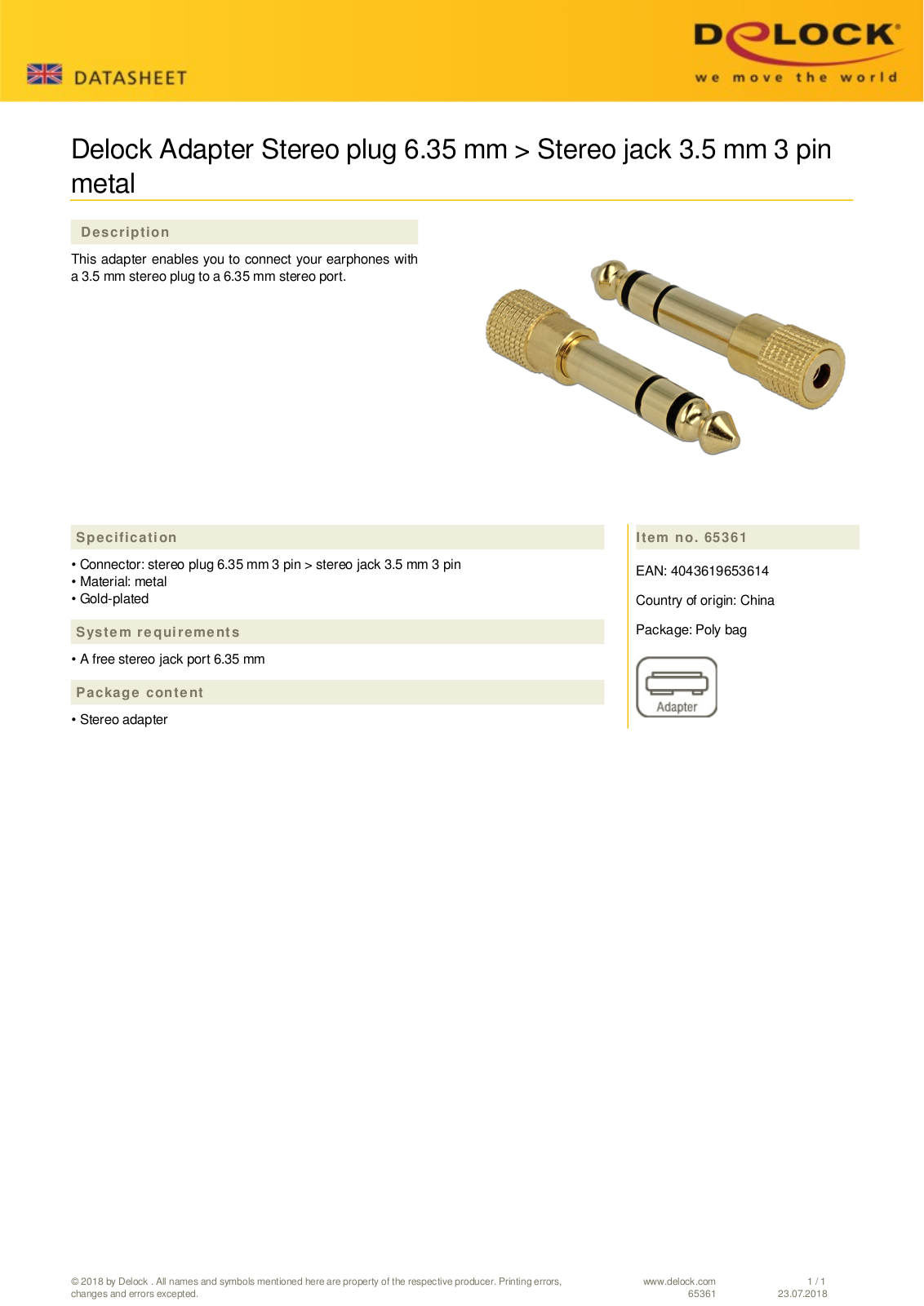 DeLOCK Adapter Klinke 6,35 mm Stecker User Manual