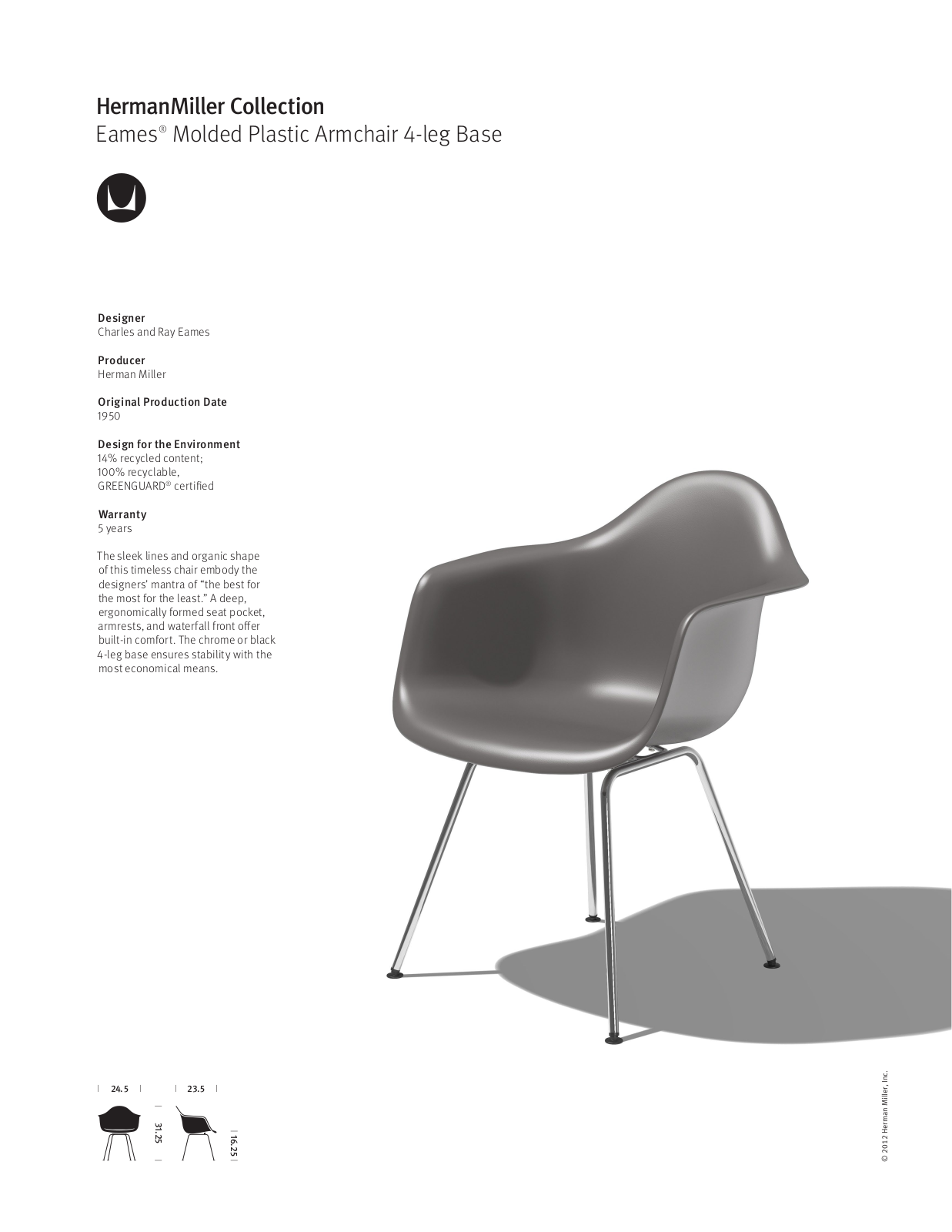 Herman Miller Eames Molded Plastic Armchair 4-leg Base User Manual