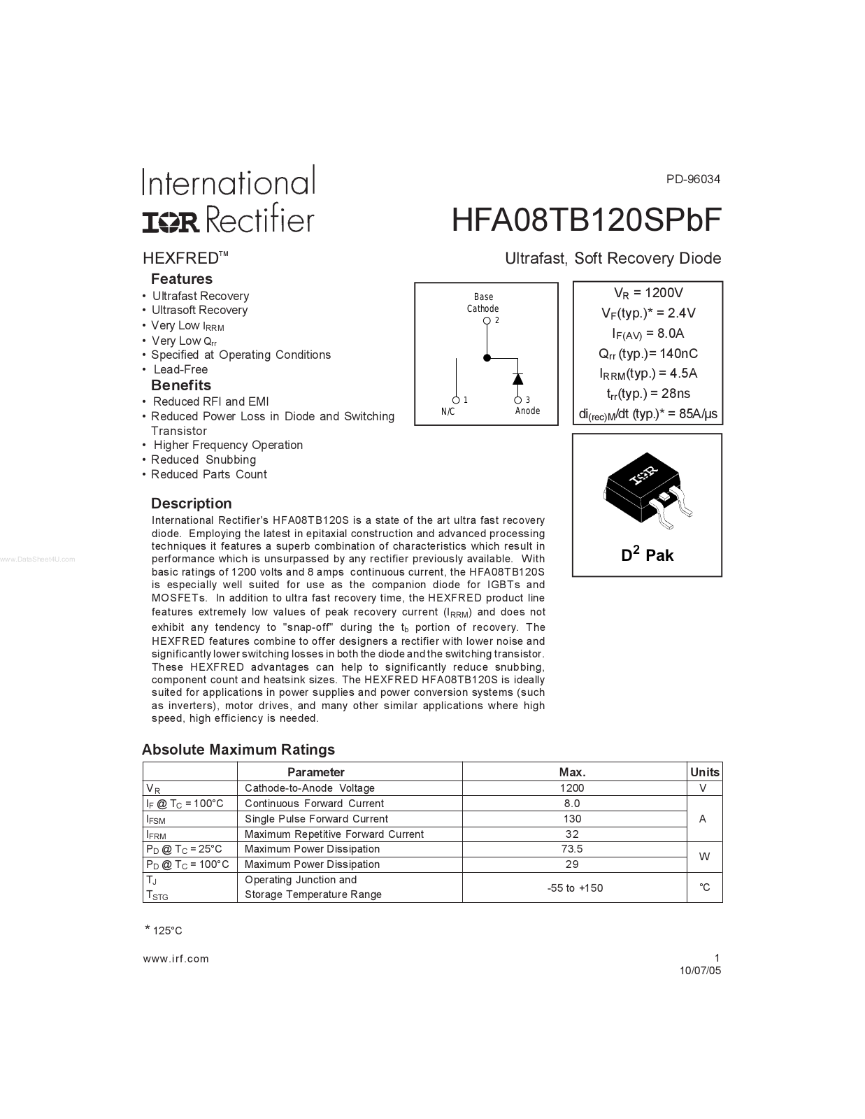 International Rectifier HFA 08 TB 120 SPbF Service Manual