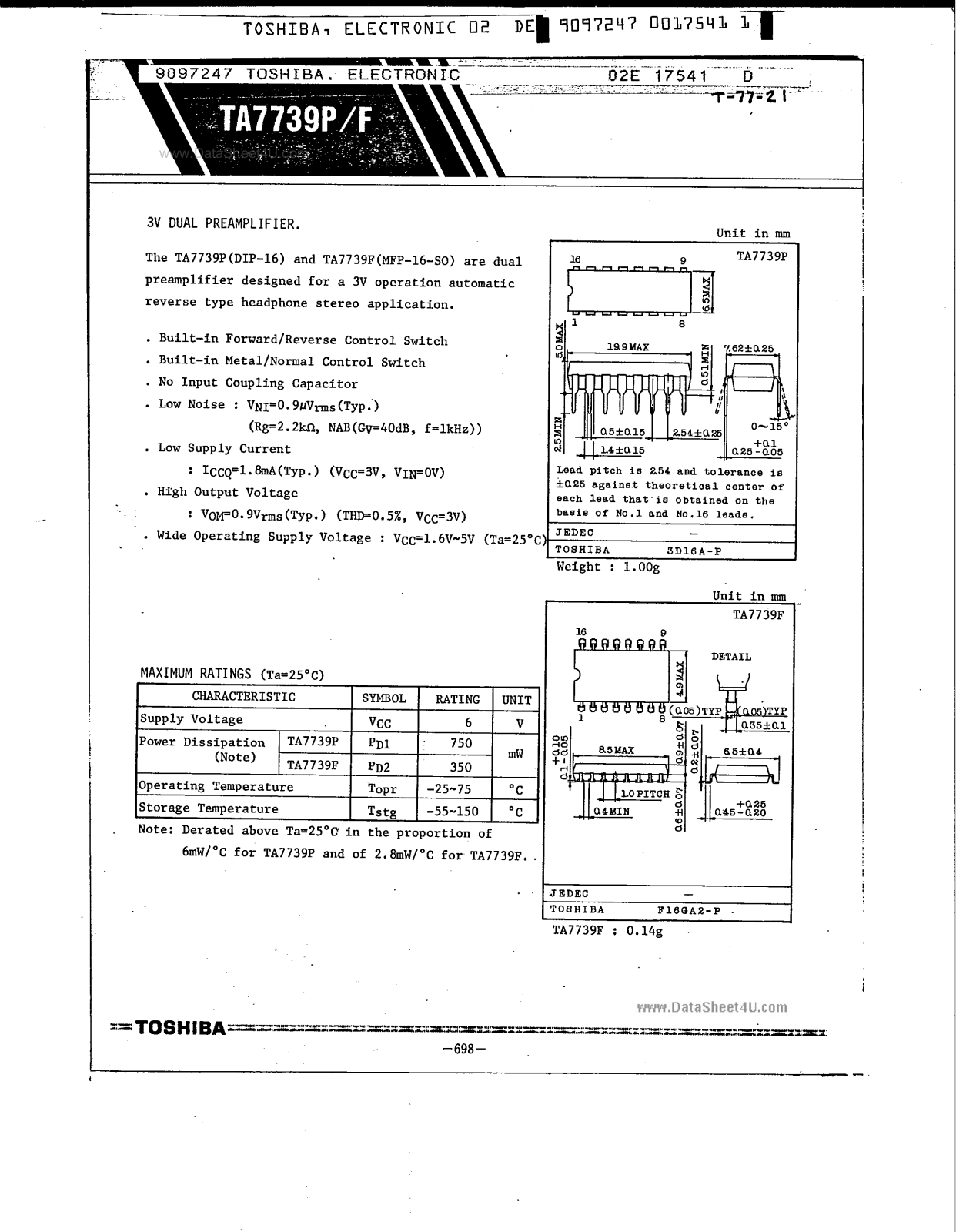 Datasheet TA7739P, TA7739F Specification - ManualMachine.com