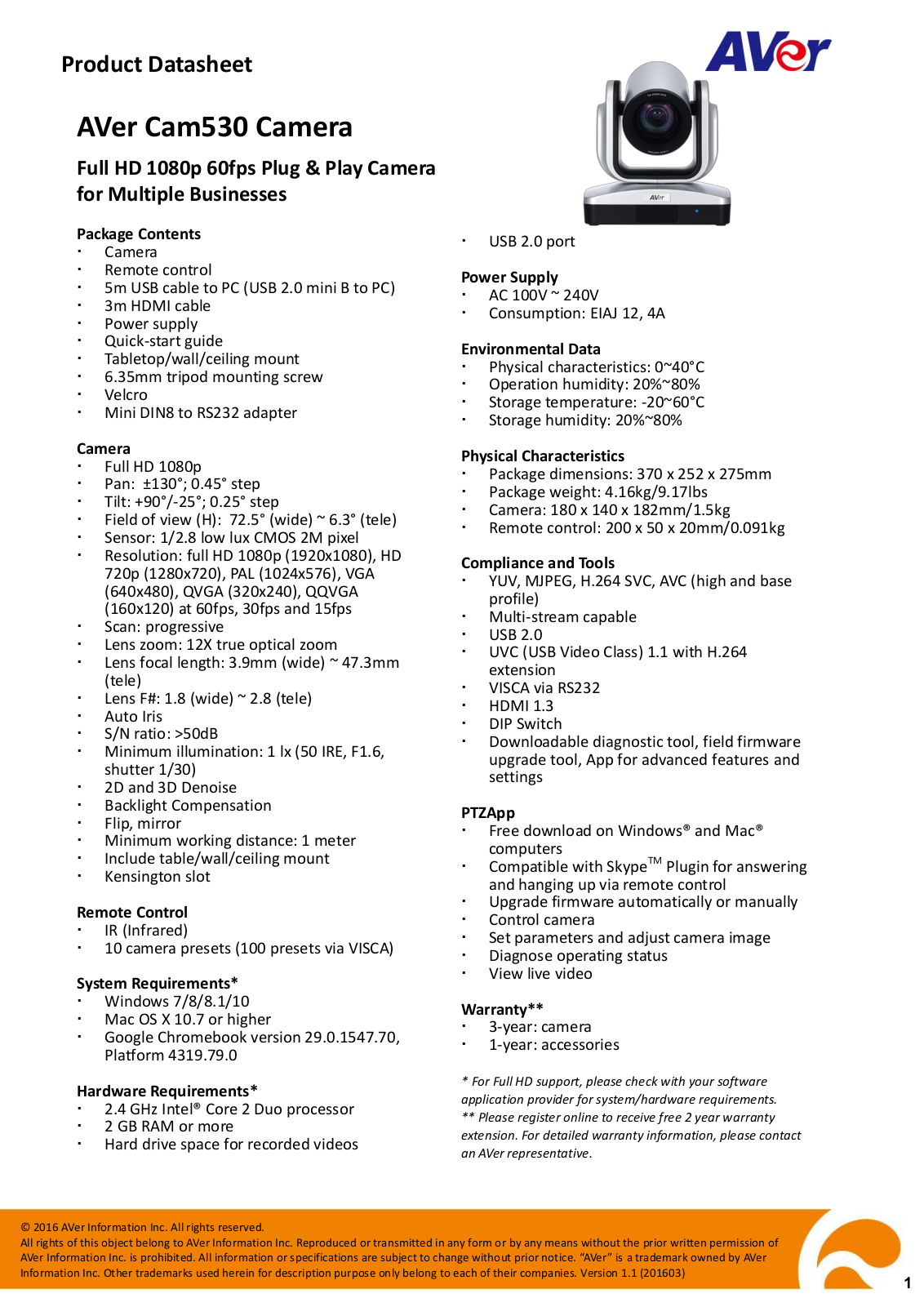 Aver 61V8U00000BK Product Data Sheet