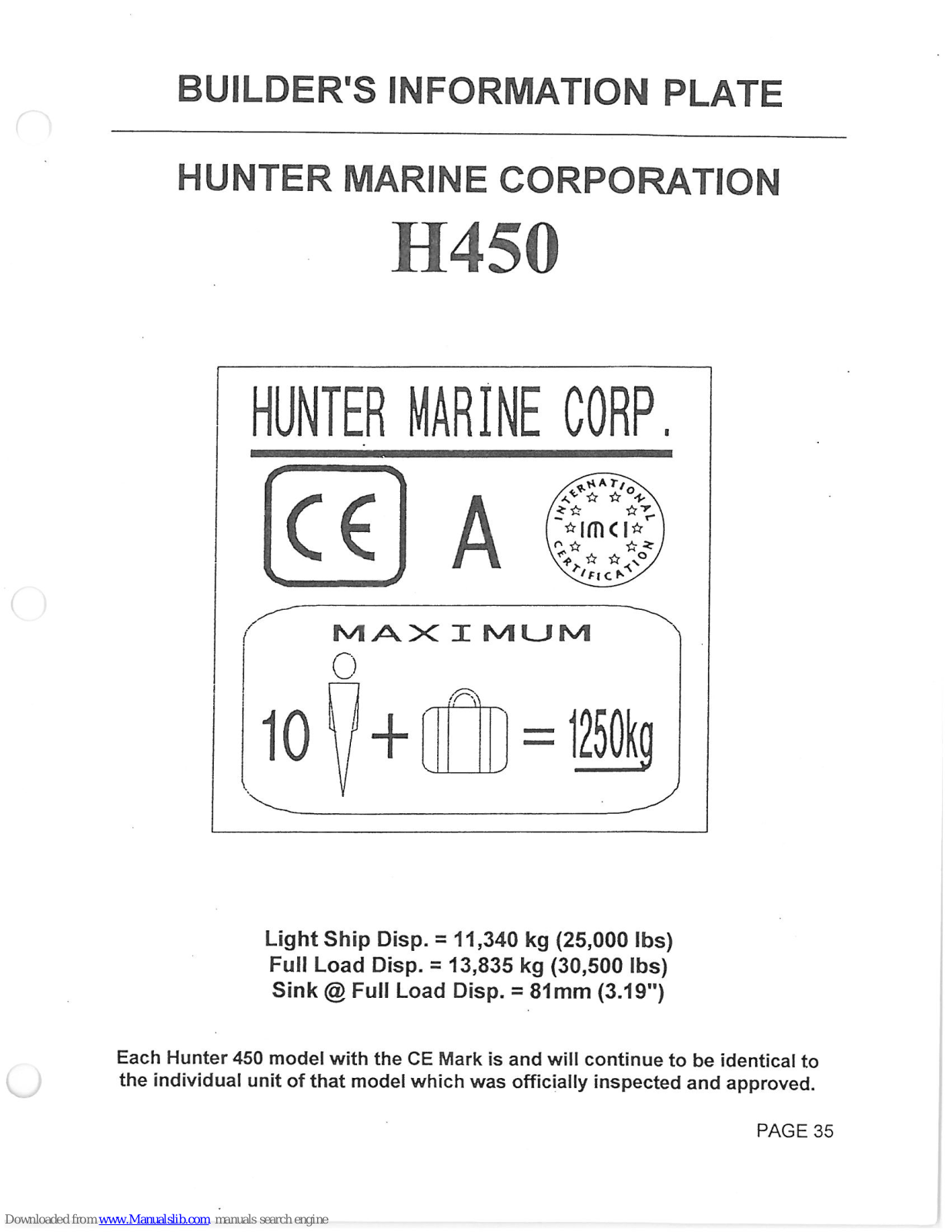 Hunter Marine H450 Builder's Information Plate