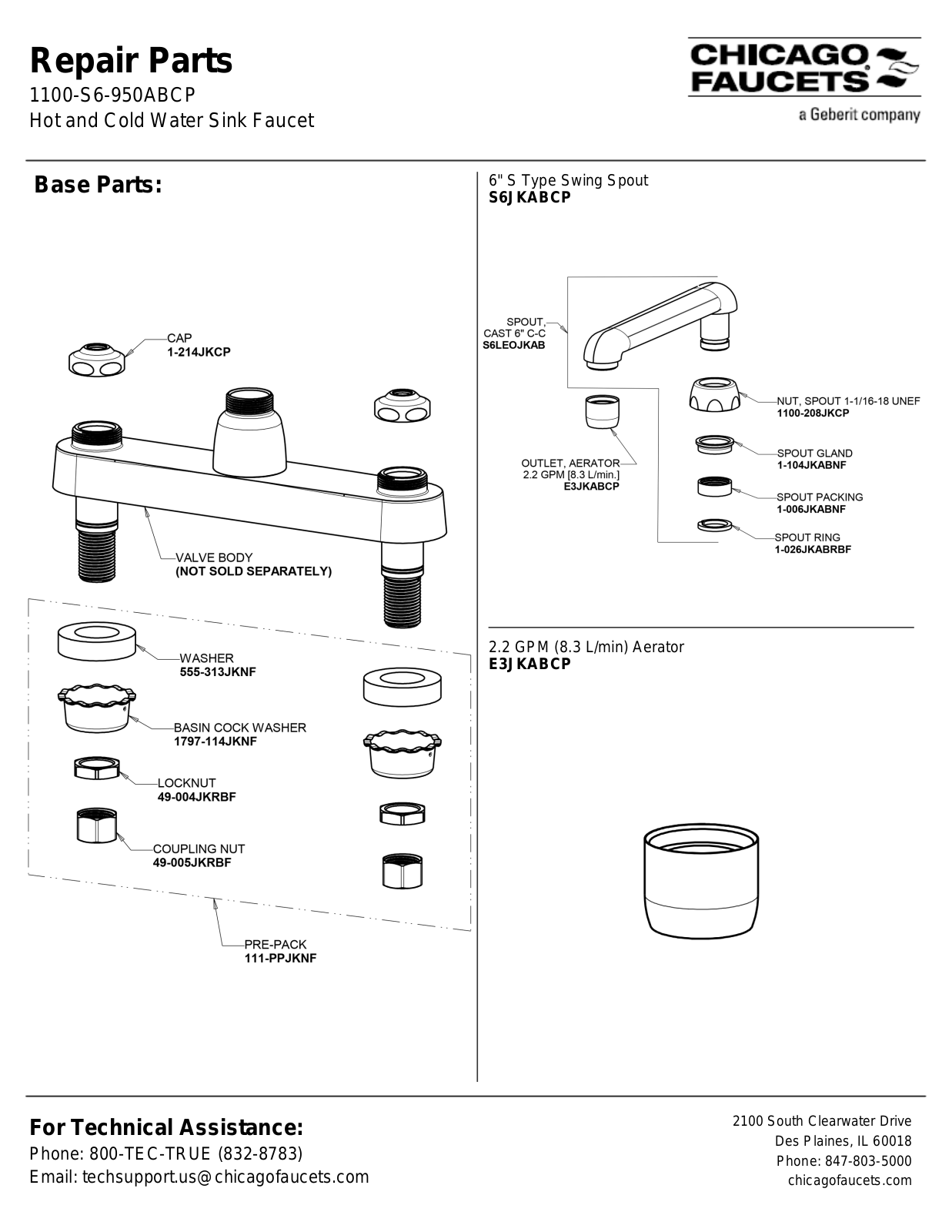 Chicago Faucet 1100-S6-950AB Parts List