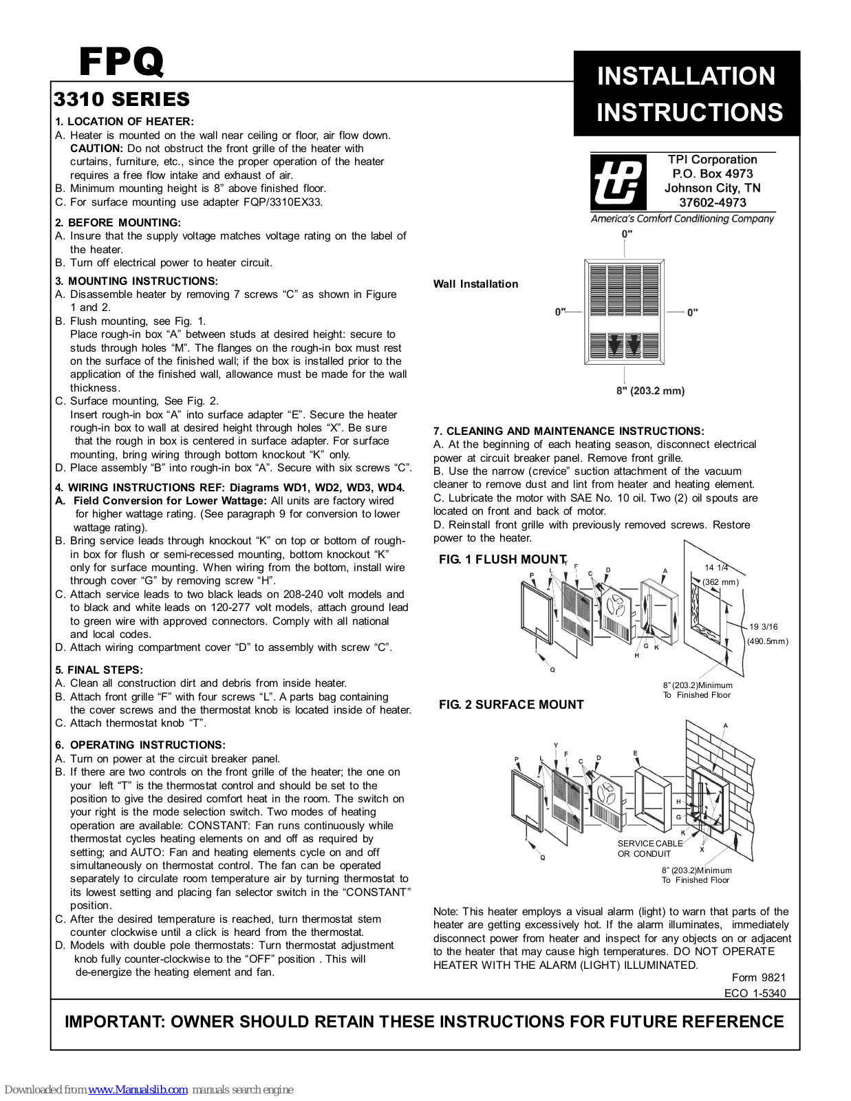 TPI E3313RP, HF3315RP, HF3316RP Installation Instructions Manual