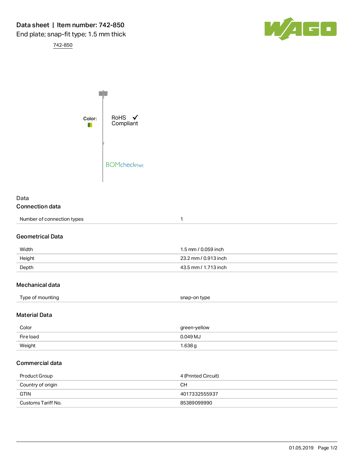 Wago 742-850 Data Sheet