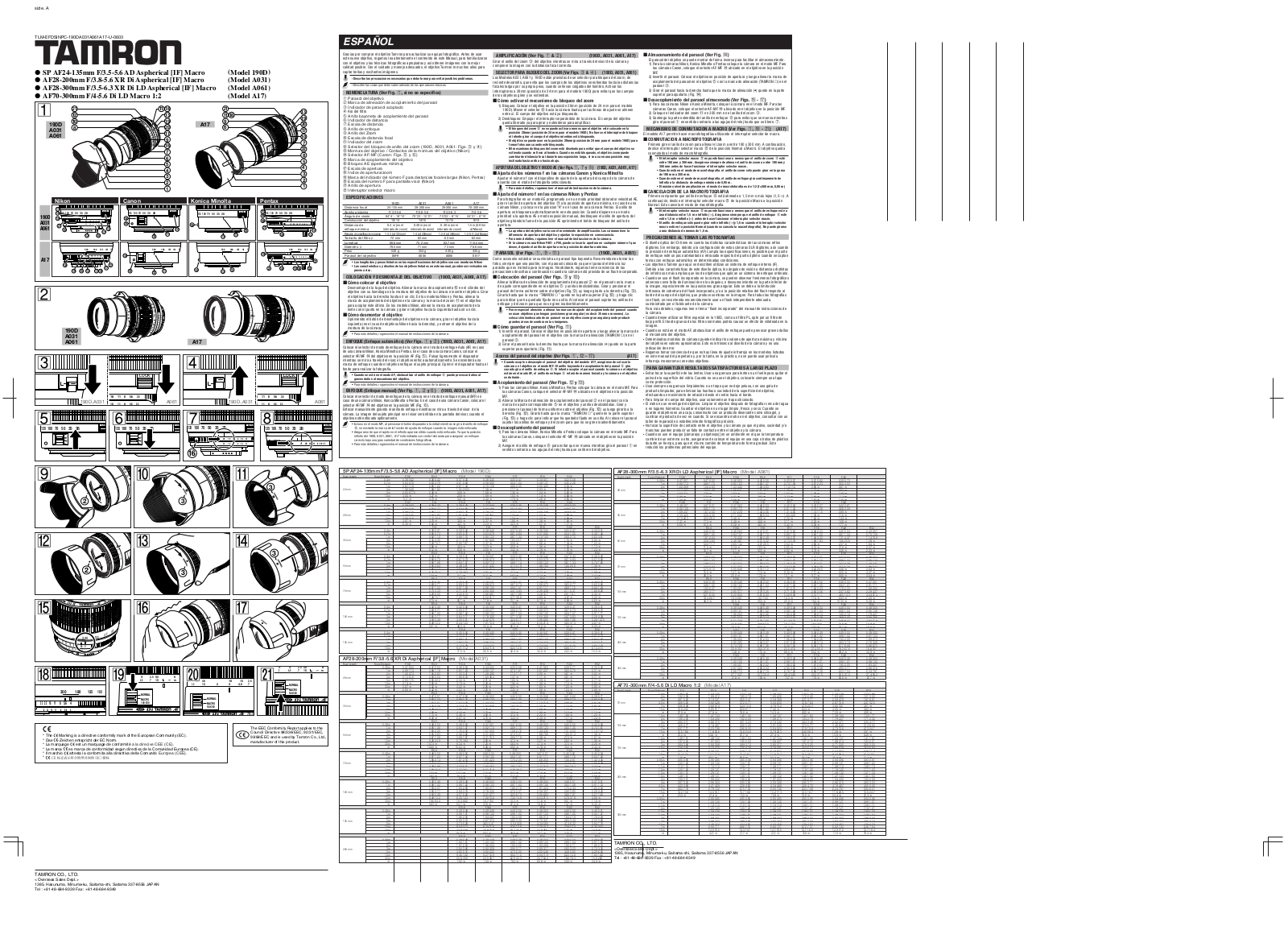 Tamron AF28-300mm F/3.5-6.3 XR Di LD Aspherical [IF] Macro, AF28-200mm F/3.8-5.6 XR Di Aspherical [IF] Macro, SP AF24-135mm F/3.5-5.6 AD Aspherical [IF] Macro User Manual