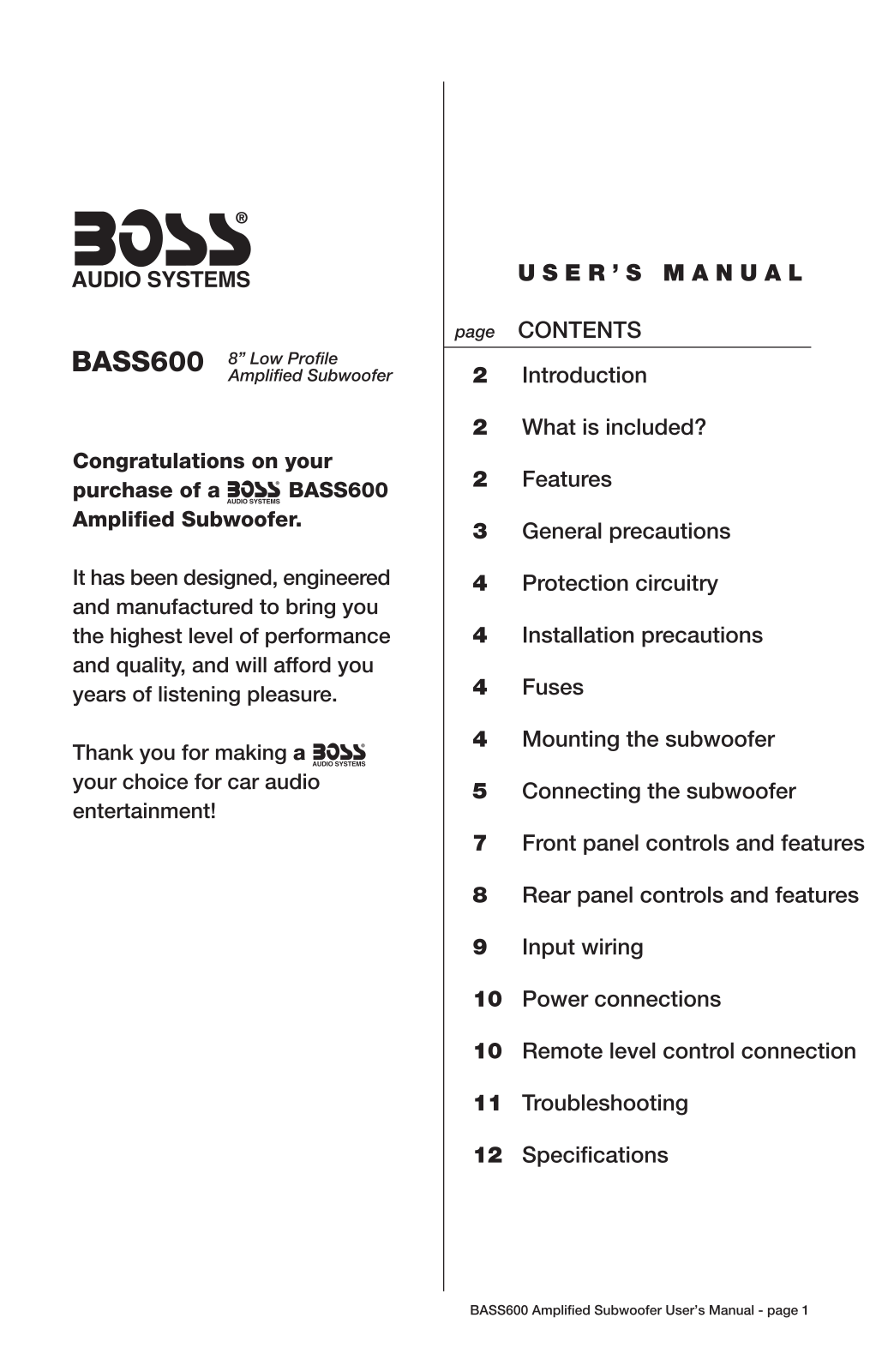 Boss Audio BASS600 Owner Manual