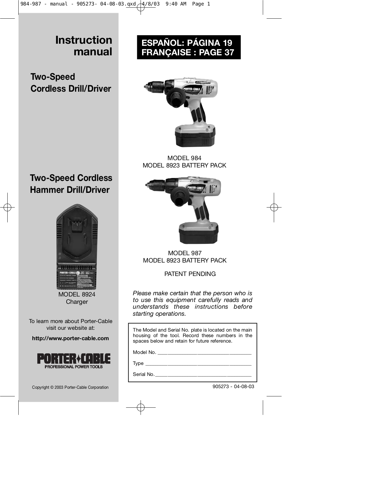 Porter-Cable 987 User Manual