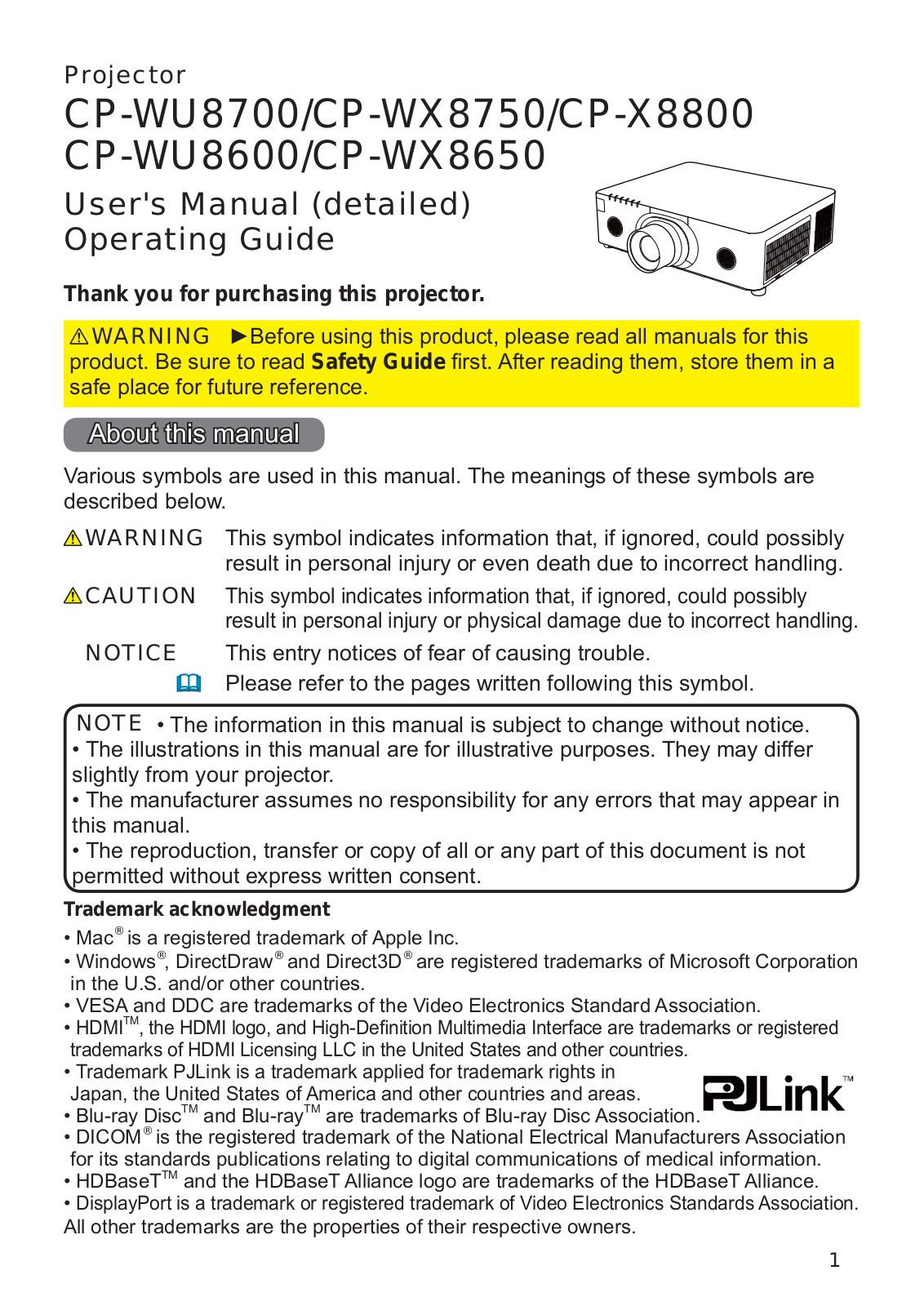 Hitachi CP-WU8700, CP-WX8750, CP-X8800, CP-WU8600, CP-WX8650 Operating Instruction