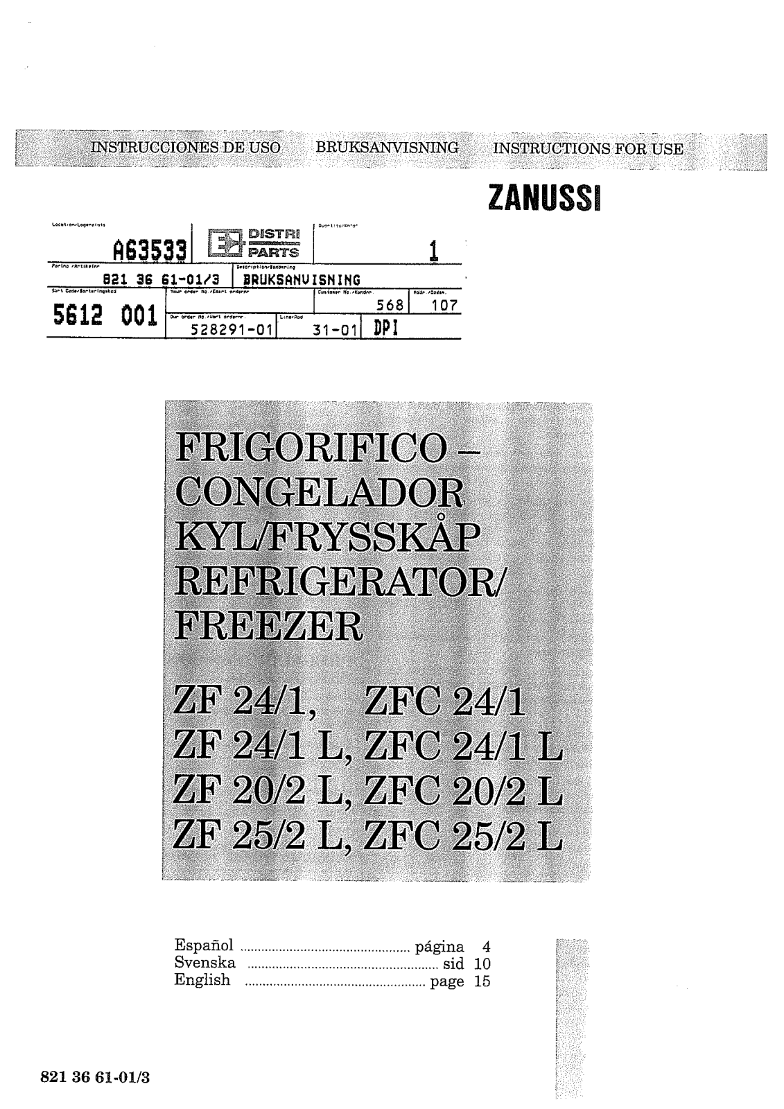 Zanussi zf24/1, ZF24/1L, ZFC20/2L, zfc24/1, zfc24/1l USER MANUAL