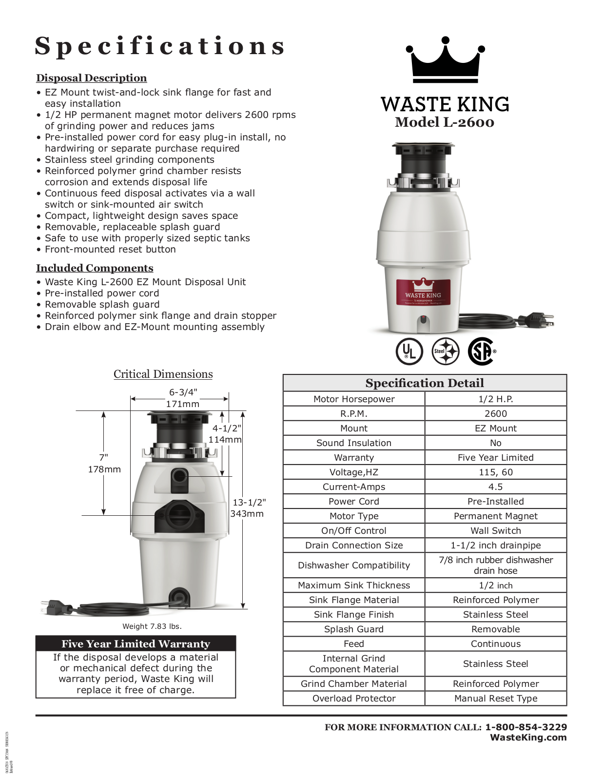 Waste King L2600 Specifications