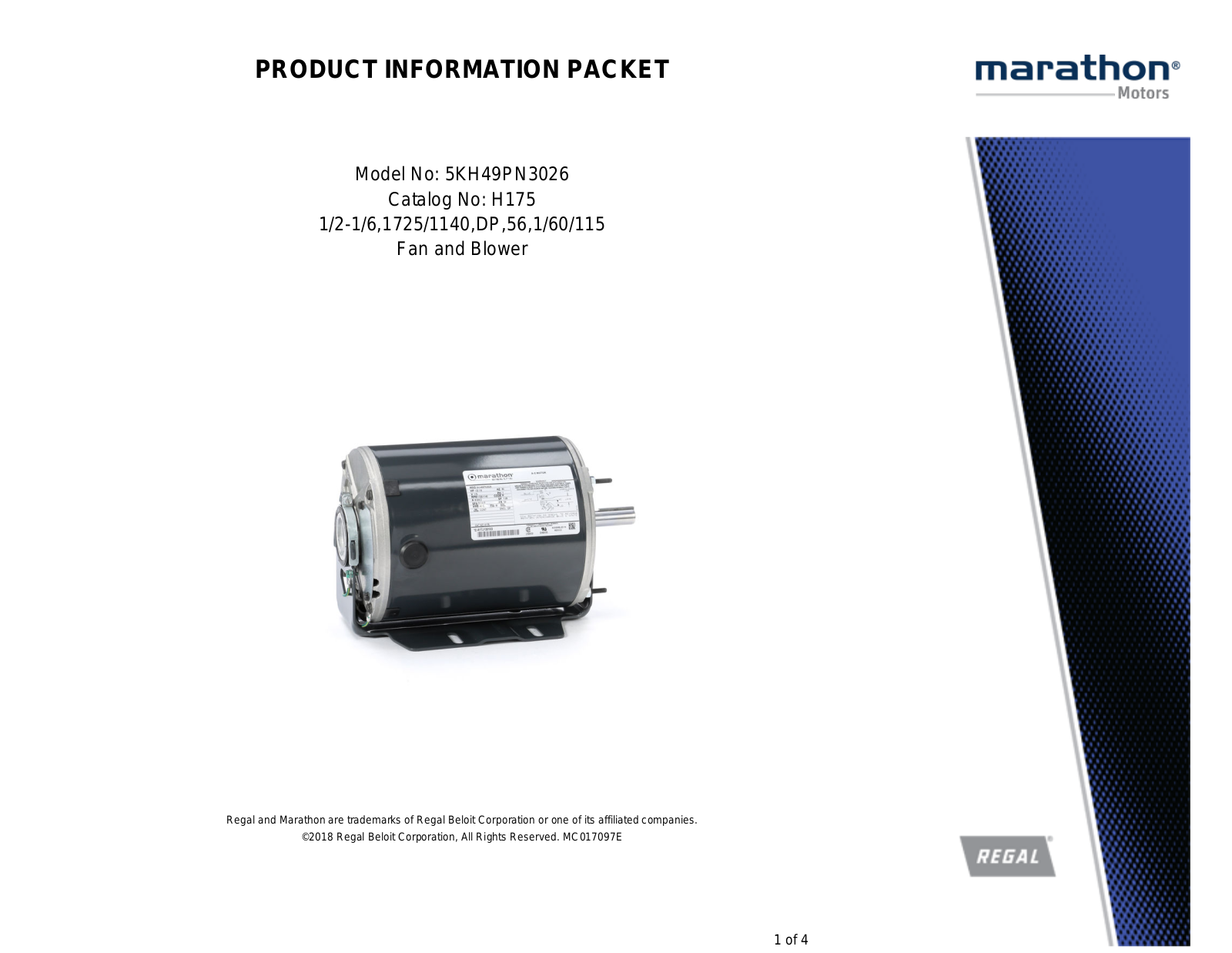 Marathon Electric 5KH49PN3026 Product Information Packet