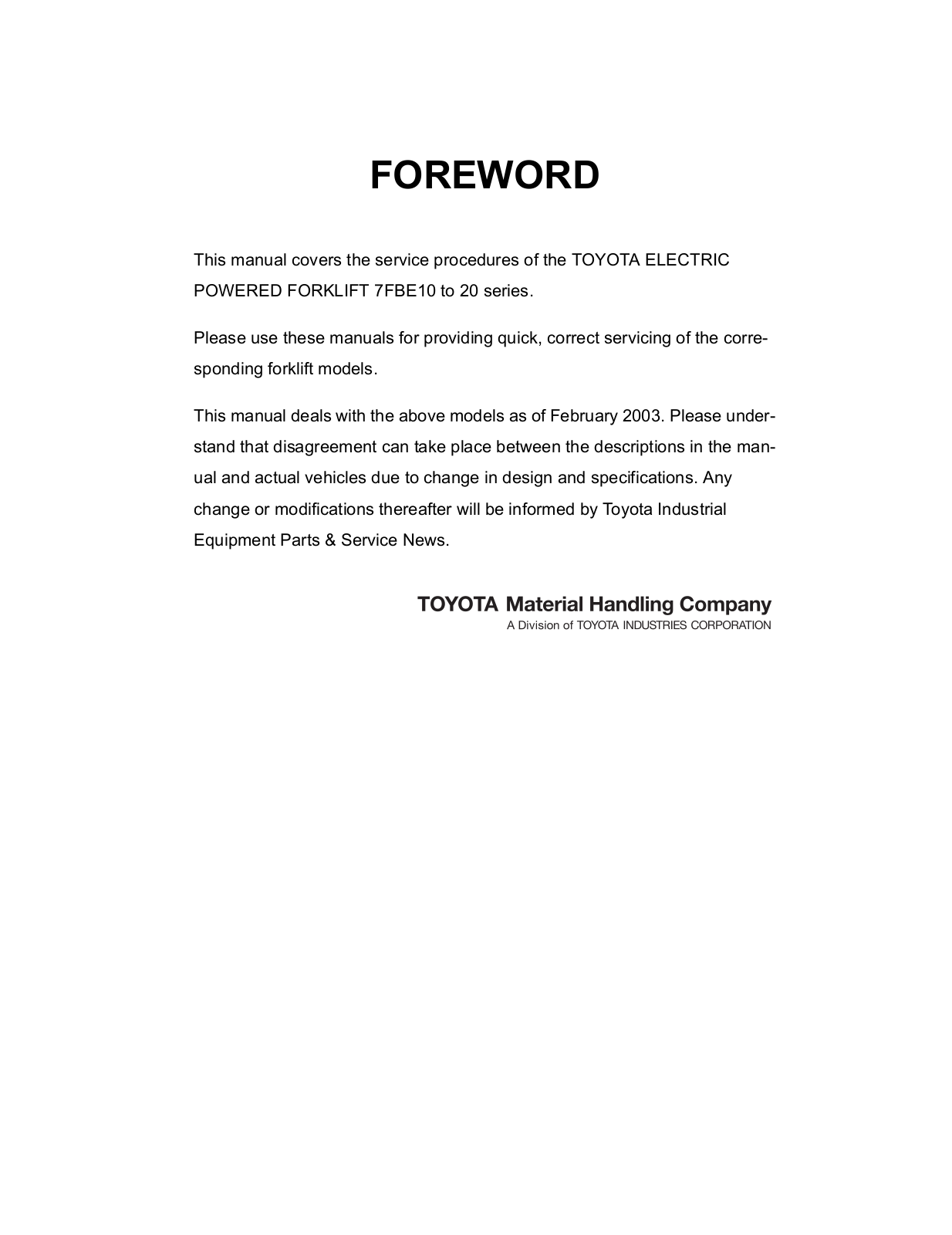 Toyota 7FBE10-20 Repair Manual